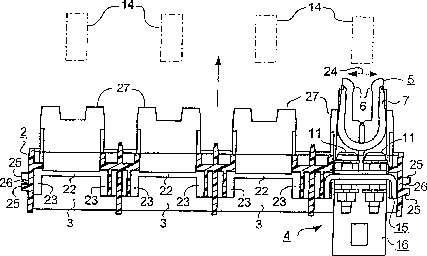 Contact device for the adapting unit connection of a mobile appliance unit to fixed contact rails