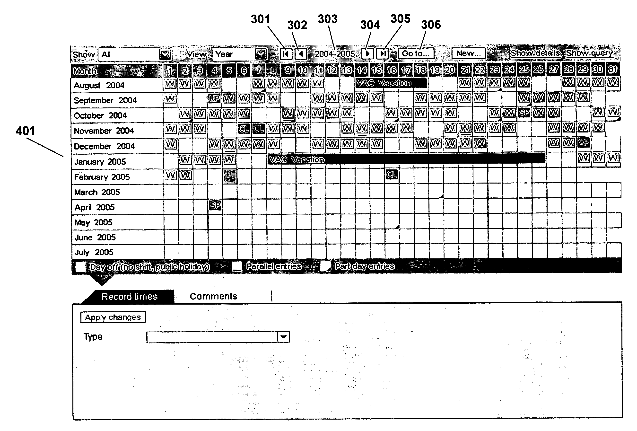 Efficient control of calendar information in computer graphics