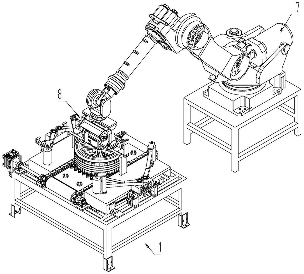 Tire assembly line tail end manipulator arranging and collecting device