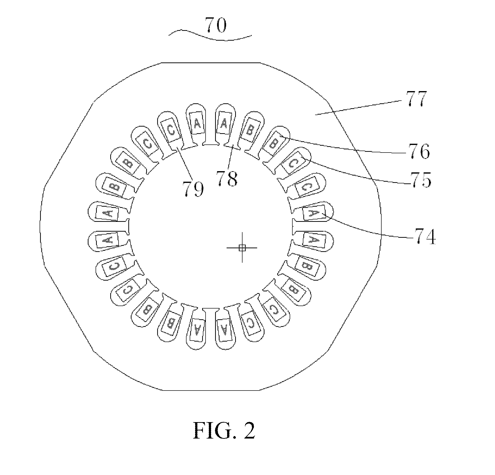 Stator, three-phase induction motor, and compressor