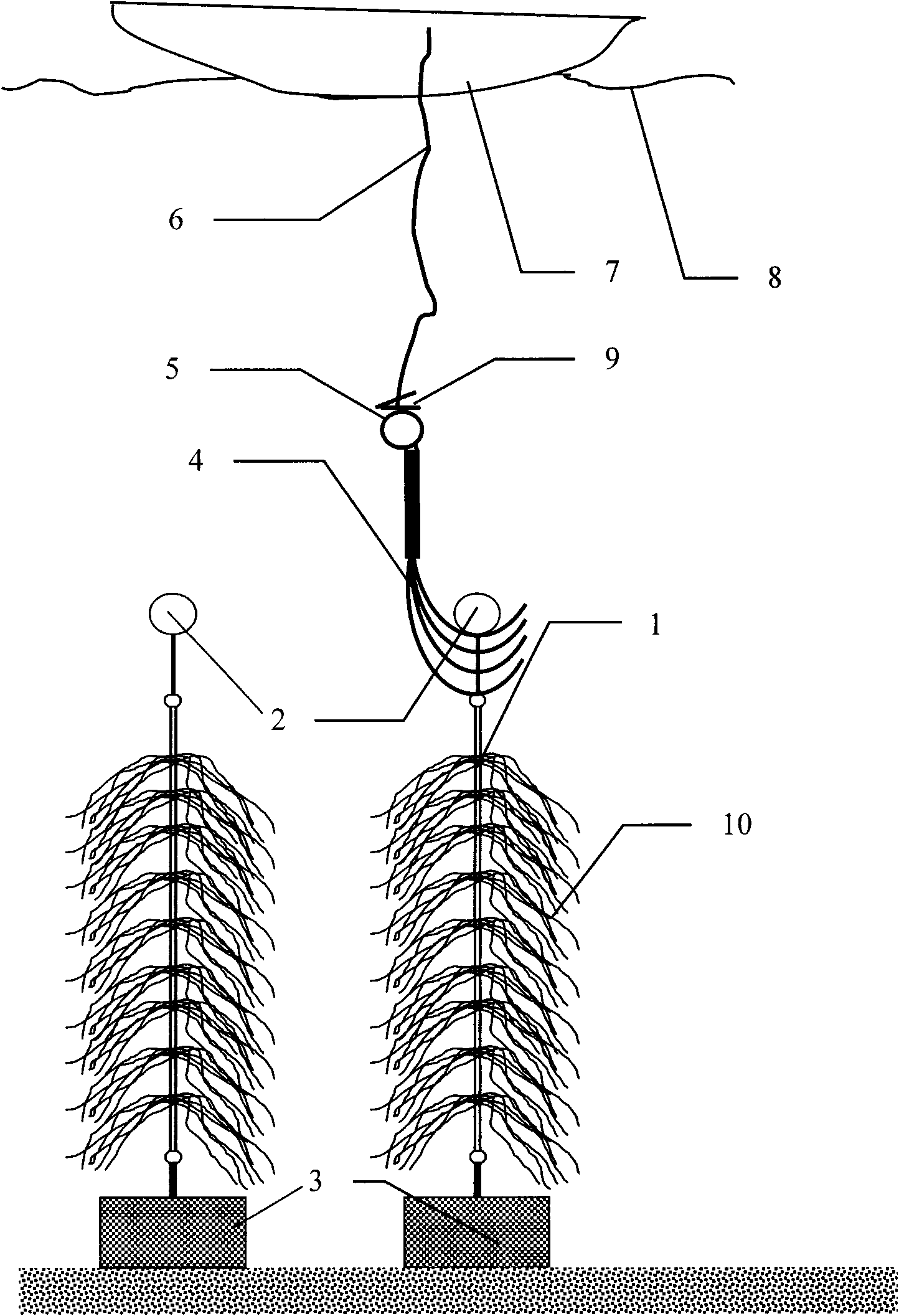 Algae wind-wave resisting rope sinking type cultivation facility and method