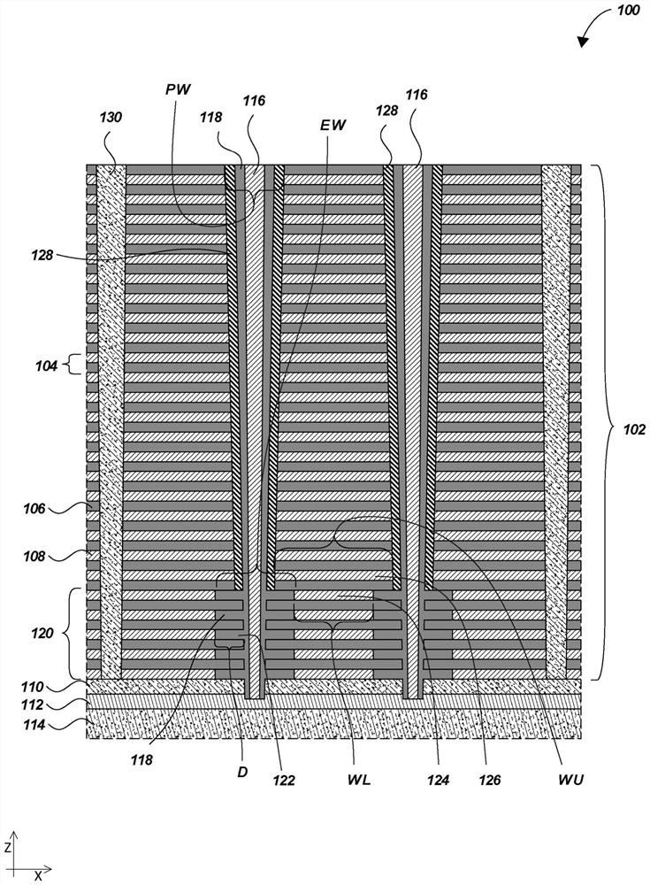 Microelectronic devices with lower recessed conductive structures and related methods and systems