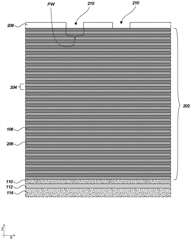 Microelectronic devices with lower recessed conductive structures and related methods and systems