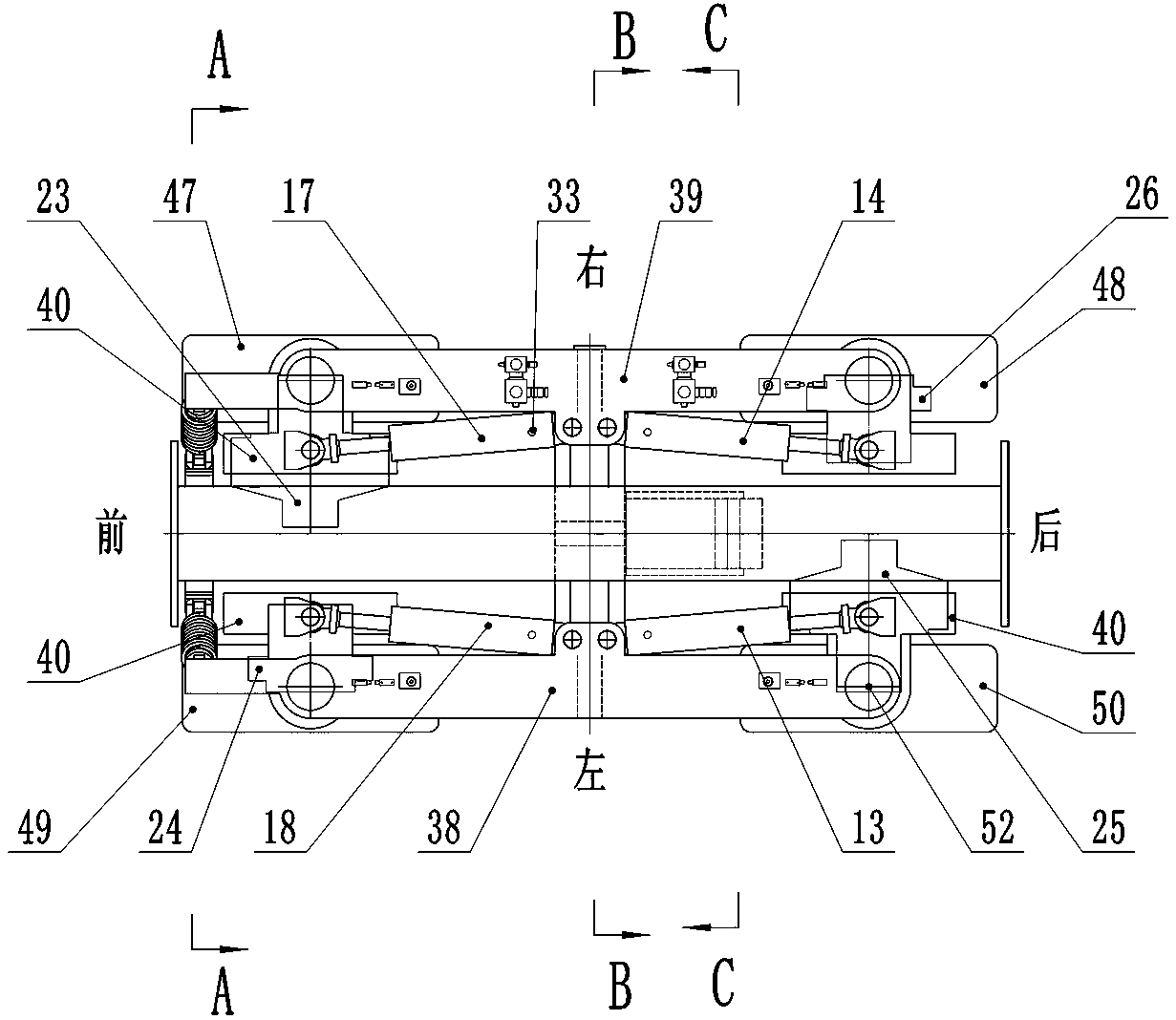 Narrow mine trackless vehicle power bogie and walking steering control system
