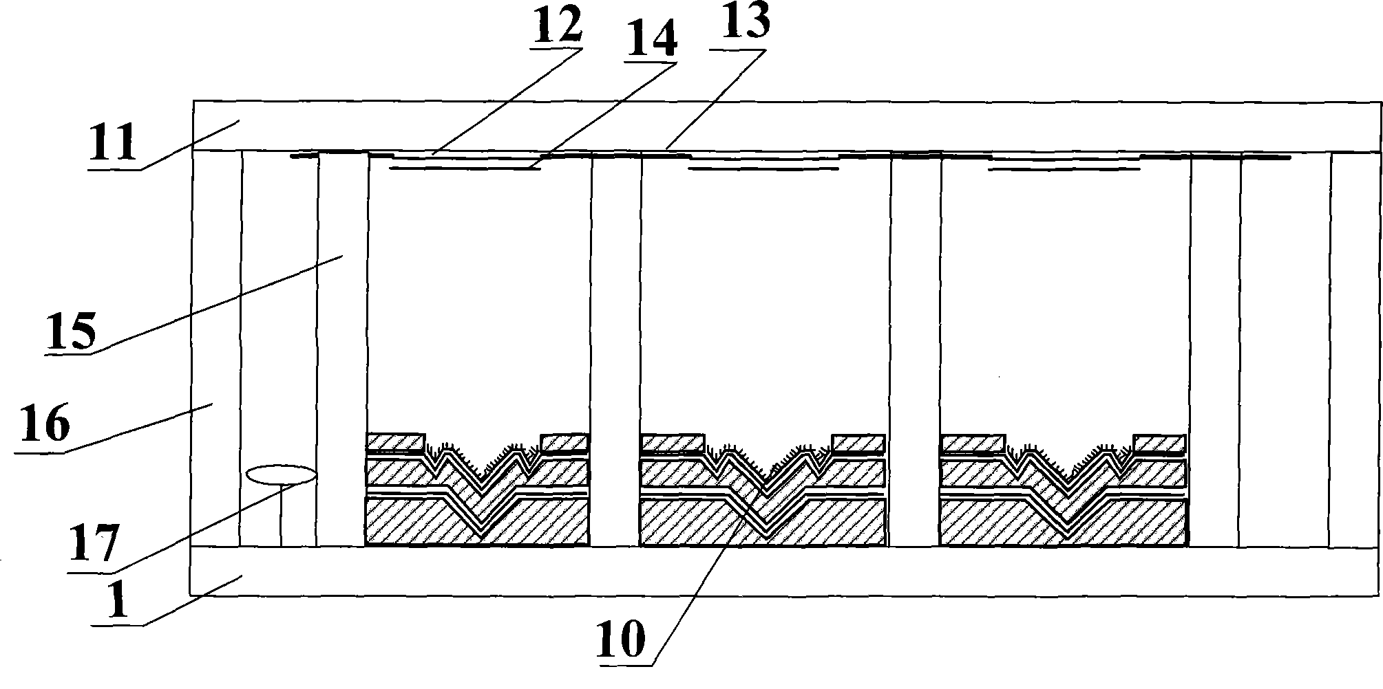 Planar display device with reversed-angle laminated multi-bending cathode structure and its production