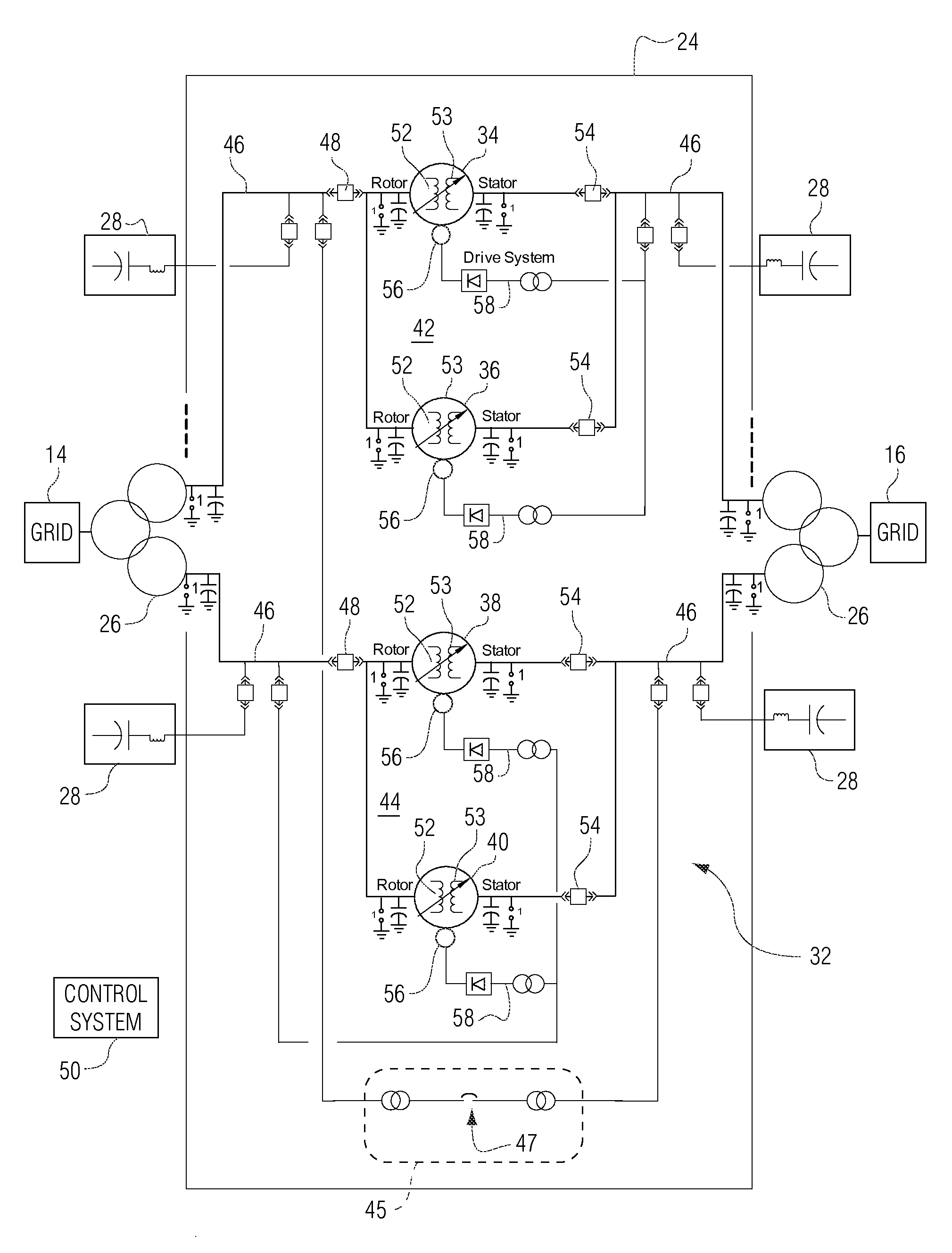 Variable frequency transformer having multiple horizontal rotary transformers with common controls and voltage infrastructure and method