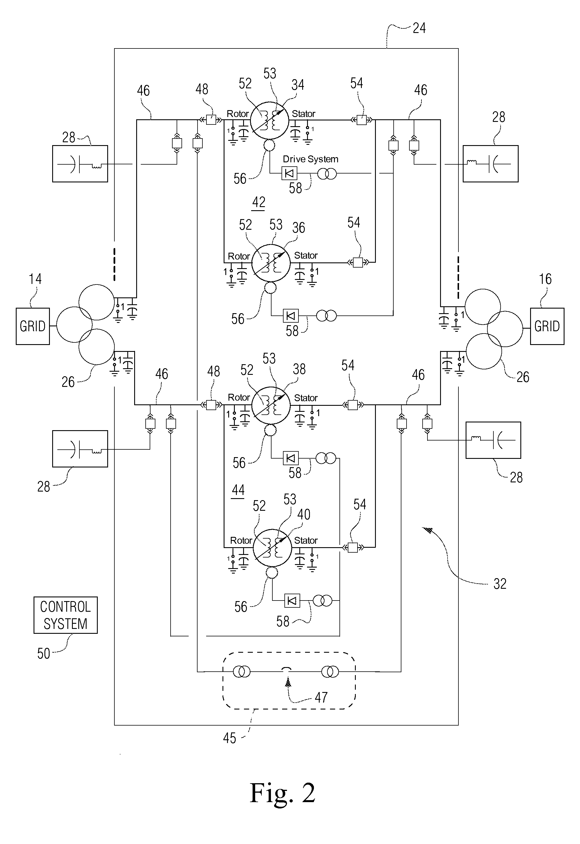 Variable frequency transformer having multiple horizontal rotary transformers with common controls and voltage infrastructure and method