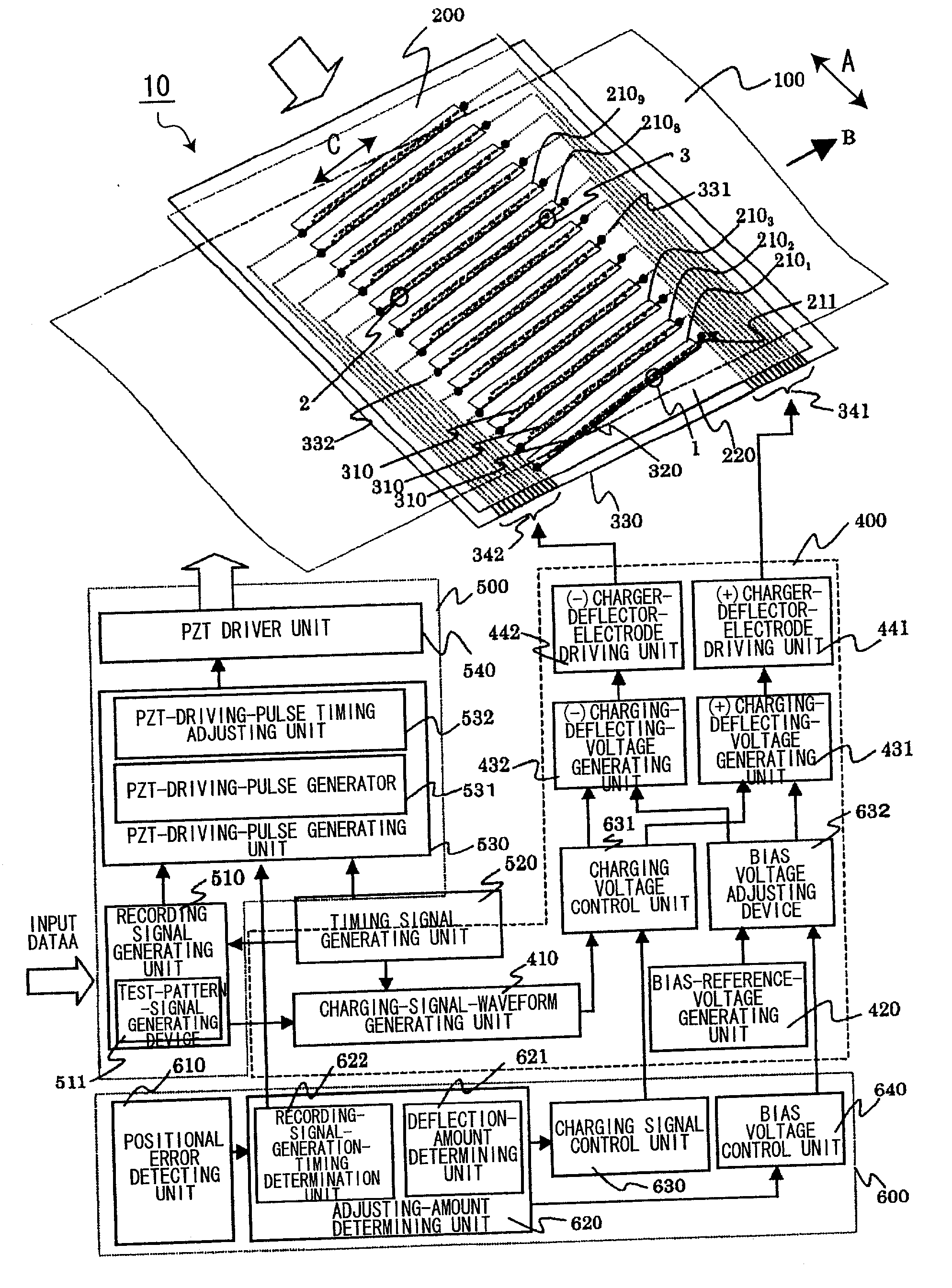 Ink jet recording device capable of controlling impact positions of ink droplets in electrical manner