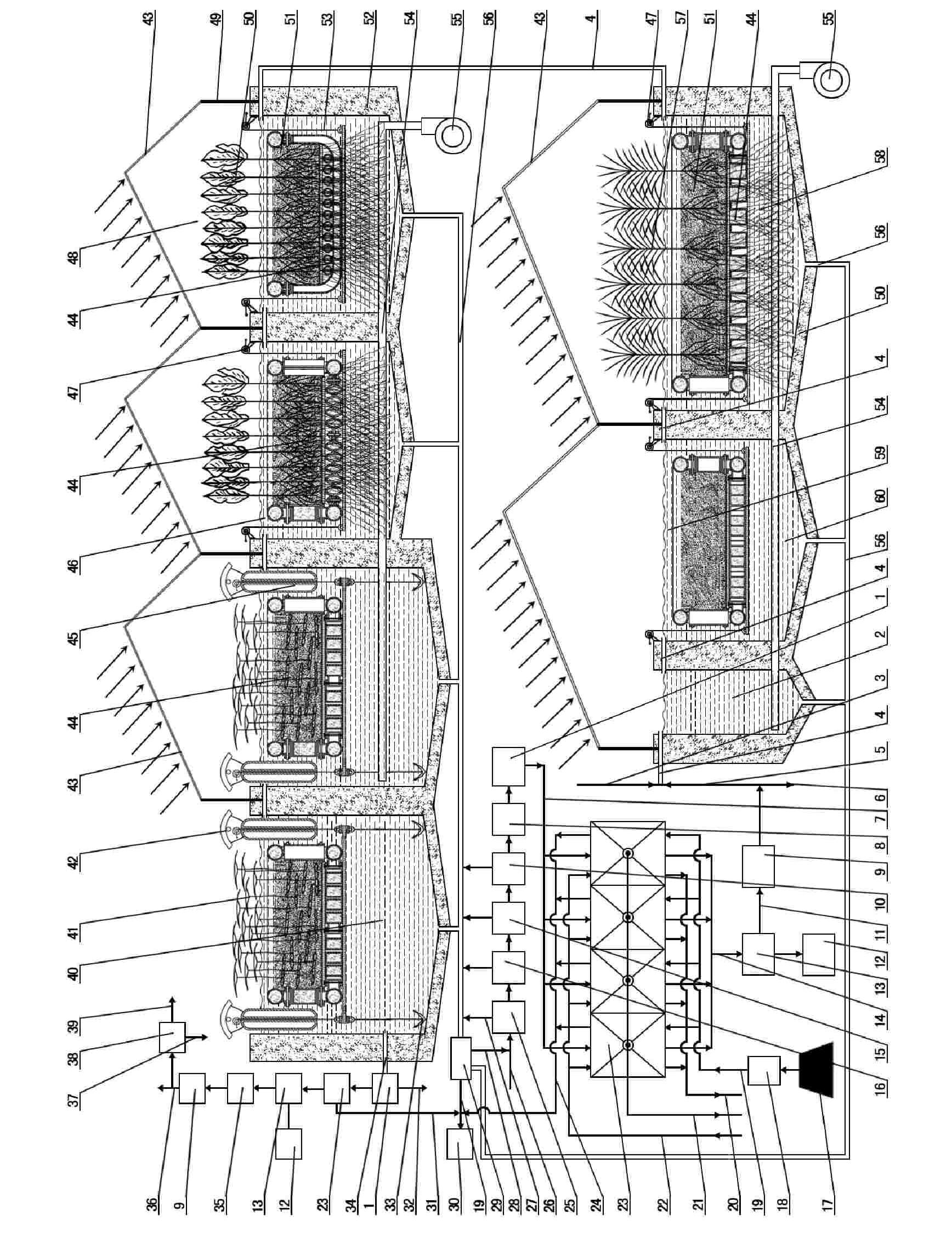 Filter-adsorption-submerged floating wet land sewage treating system and apparatus
