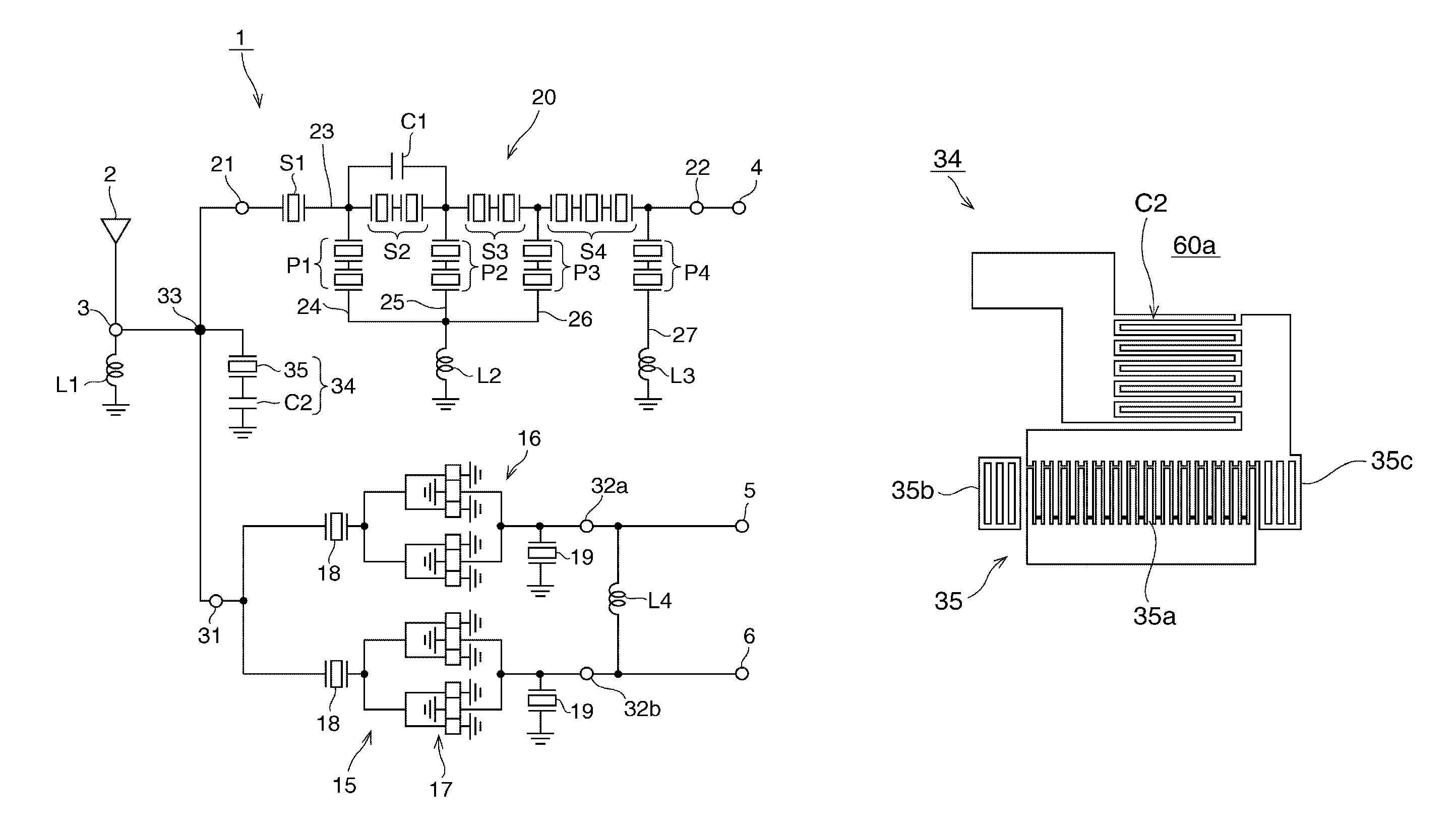 Elastic wave splitter having a resonant circuit between an antenna terminal and ground