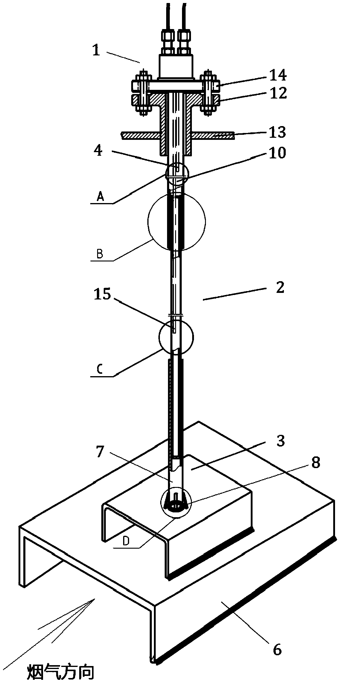 Multiple-point fume temperature monitoring device for power station boiler flue and realizing method of device