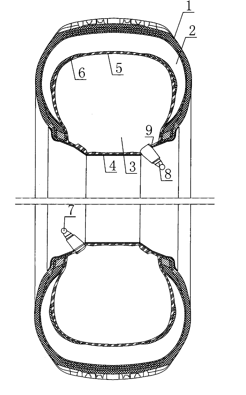 Double-cavity safety tire with internal airbag