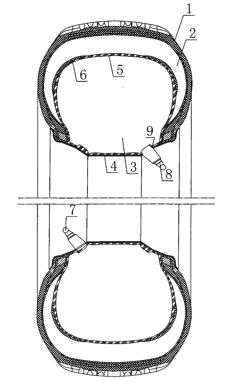 Double-cavity safety tire with internal airbag