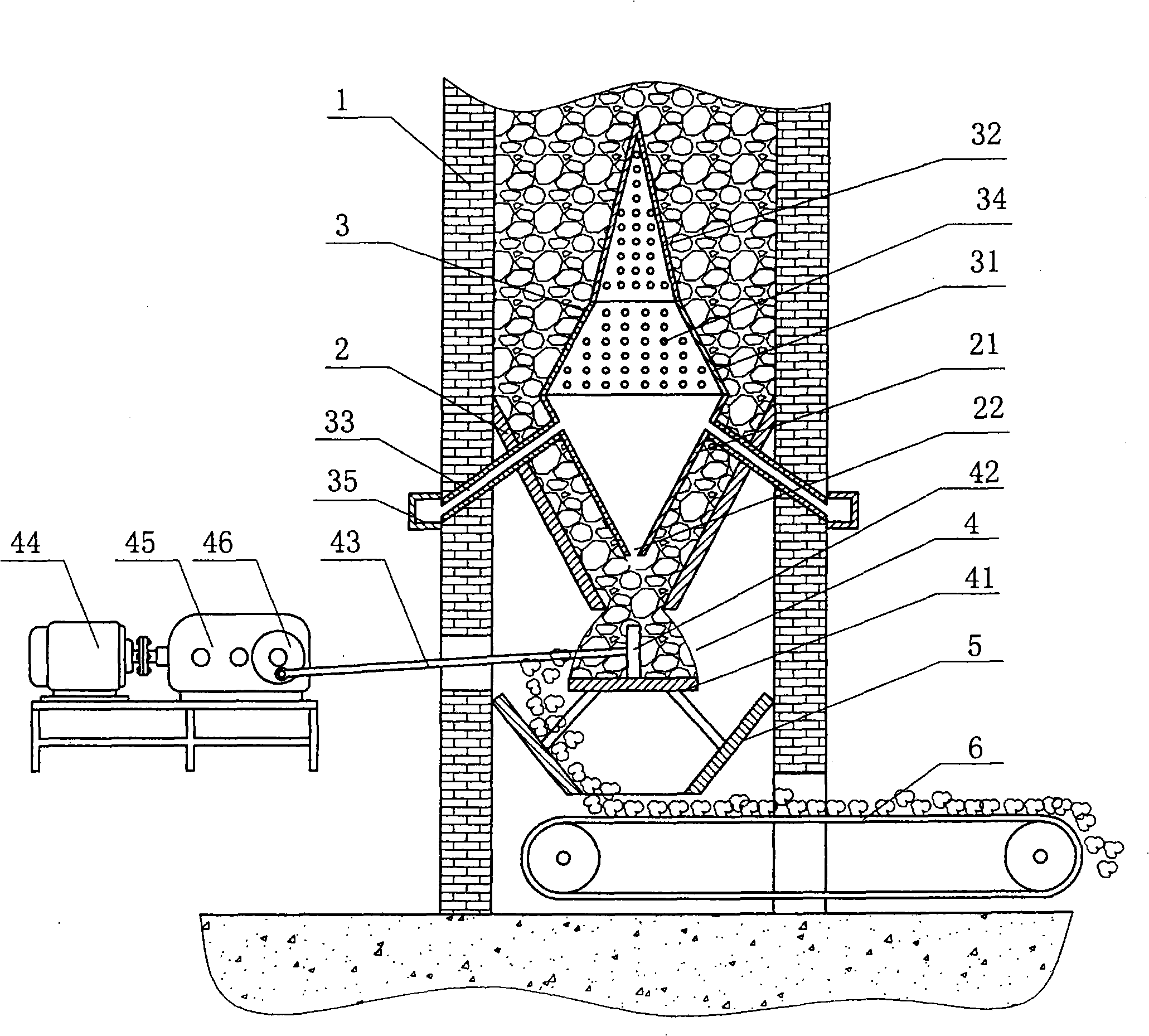 Vertical type calcining kiln falling control device