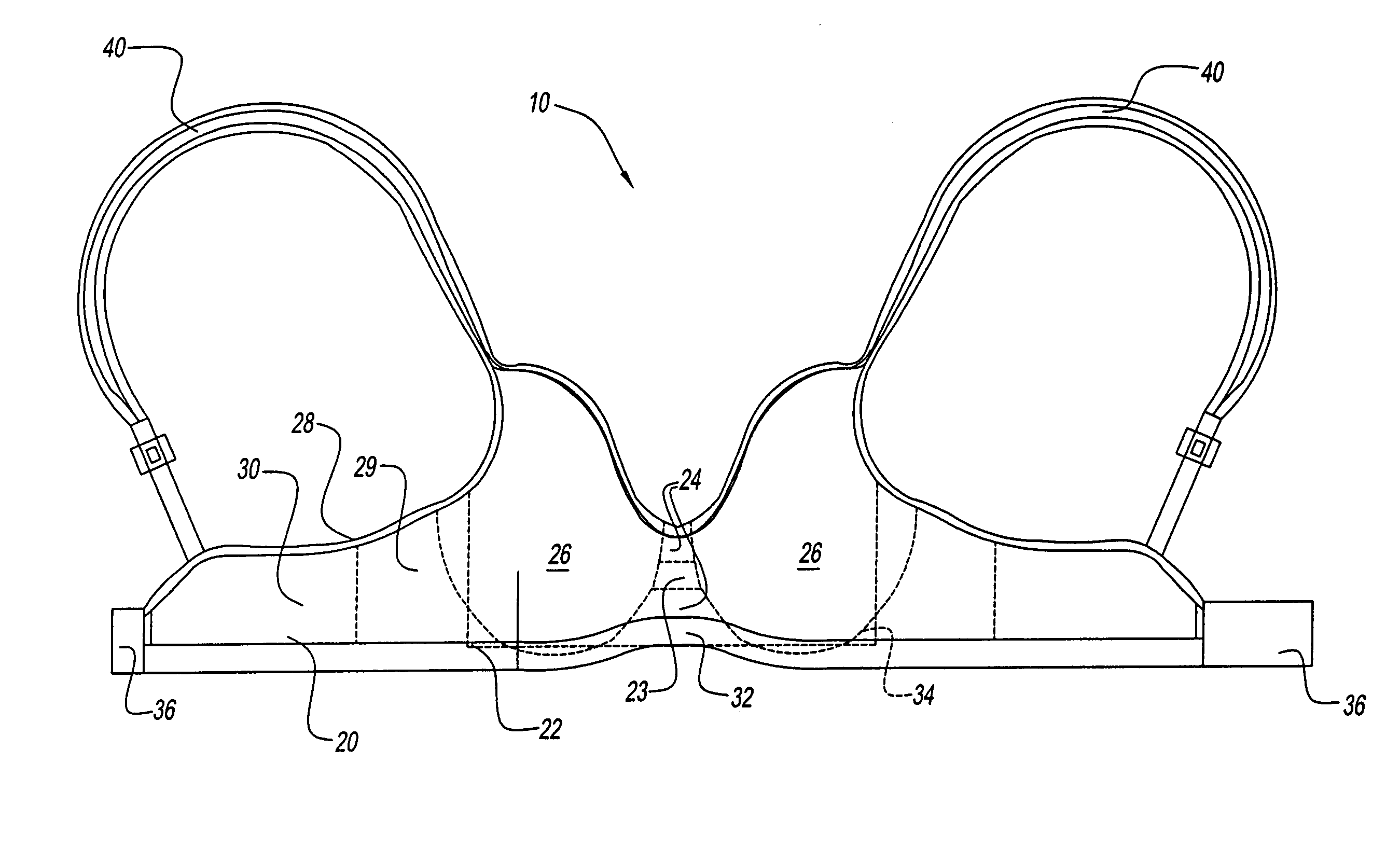 Circular knit bra having different areas of stretchability and method of making the same