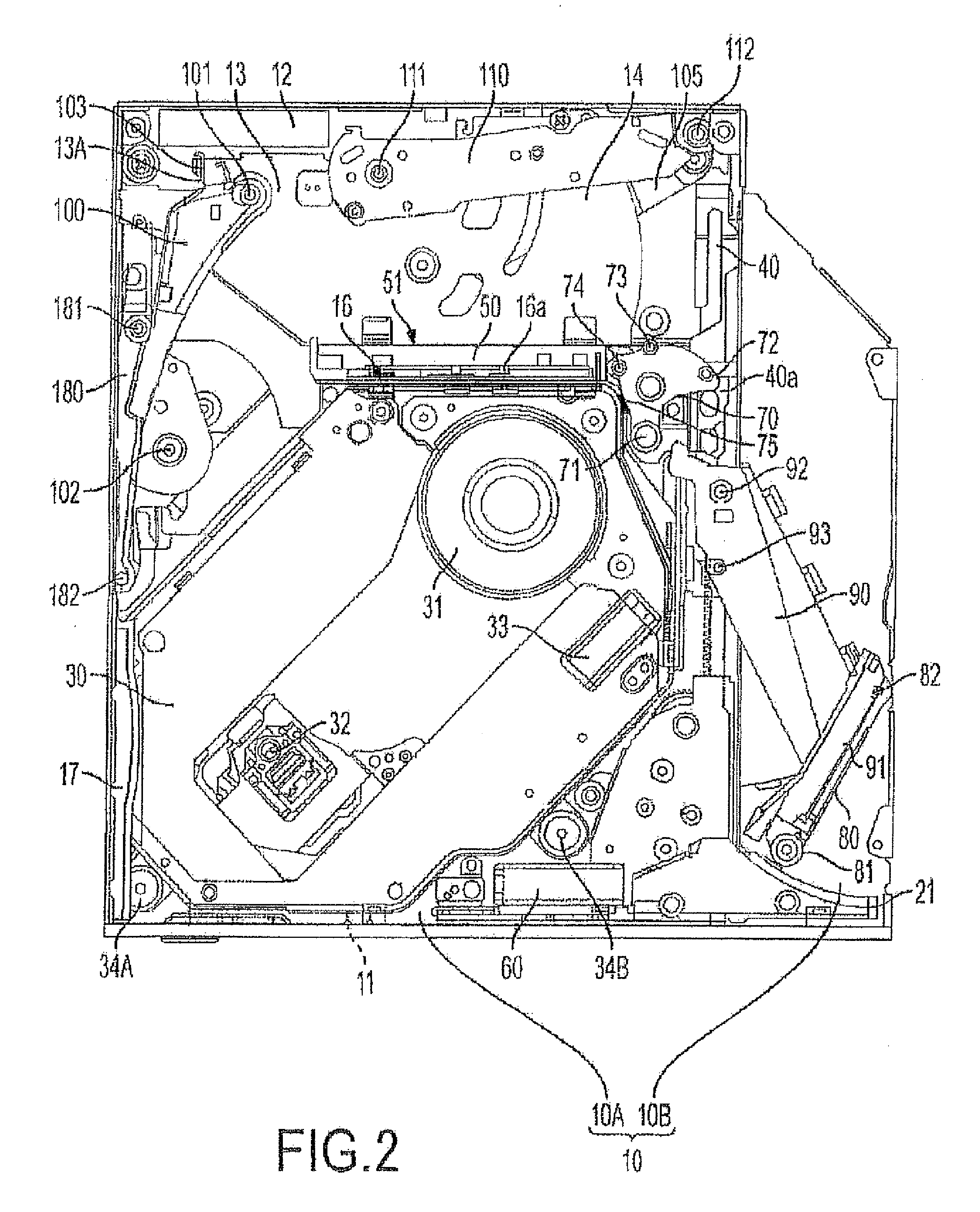 Disk apparatus with resilient member on cam mechanism connecting a main slider to a sub-slider