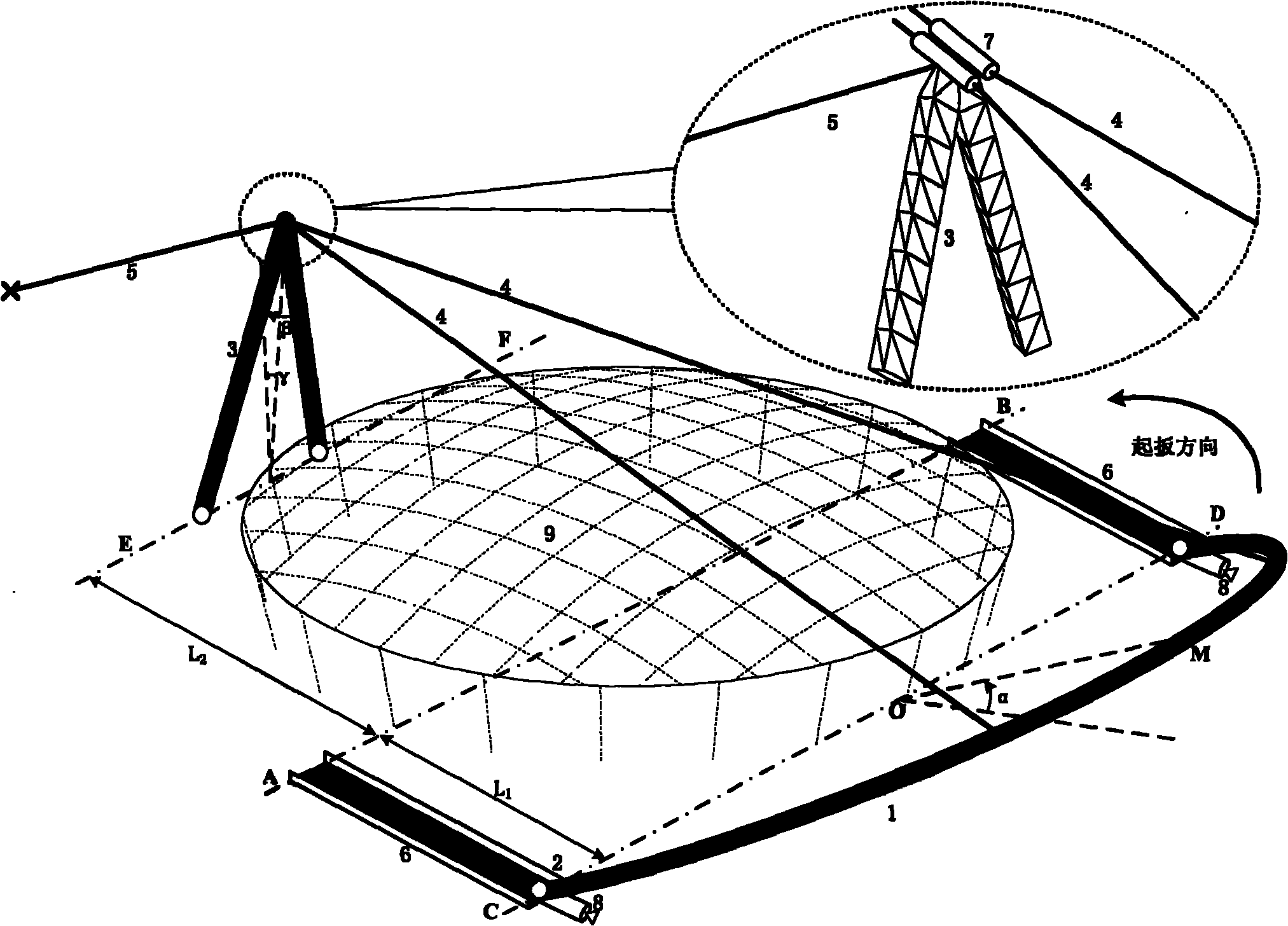 Construction method of integrally rotating, drawing up and slipping large steel arch structure