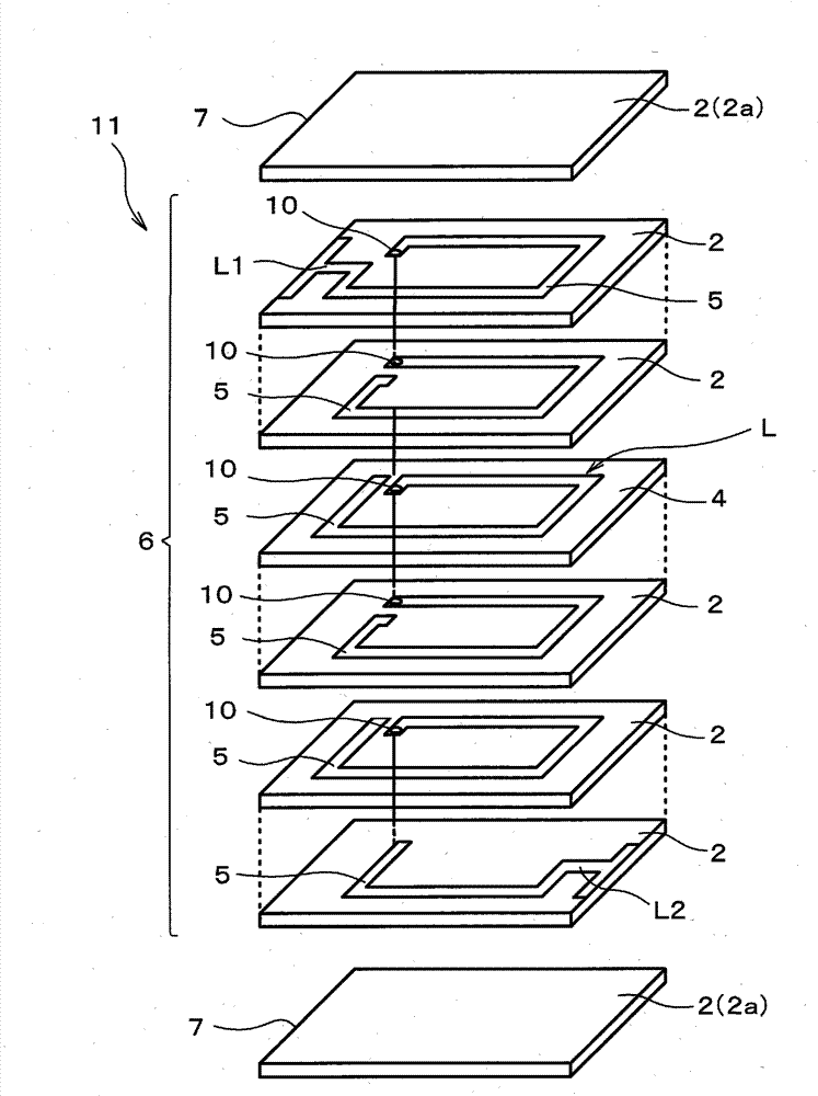 Open magnetic circuit stacked coil component and process for producing the open magnetic circuit stacked coil component
