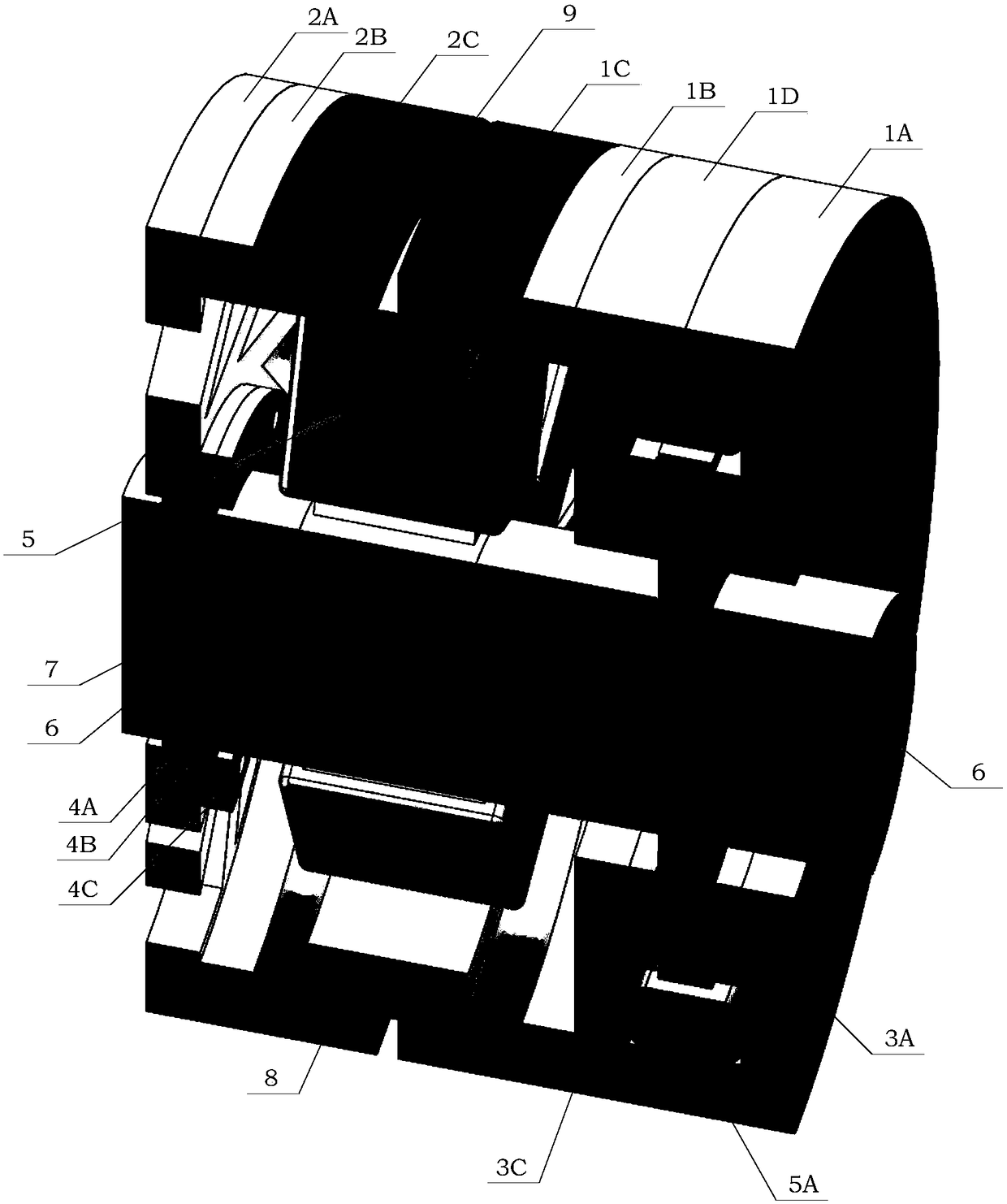 Orthogonal magnetic circuit radial-axial-integrated magnetic bearing based on symmetrical self-lubricating flexible backup bearing structure