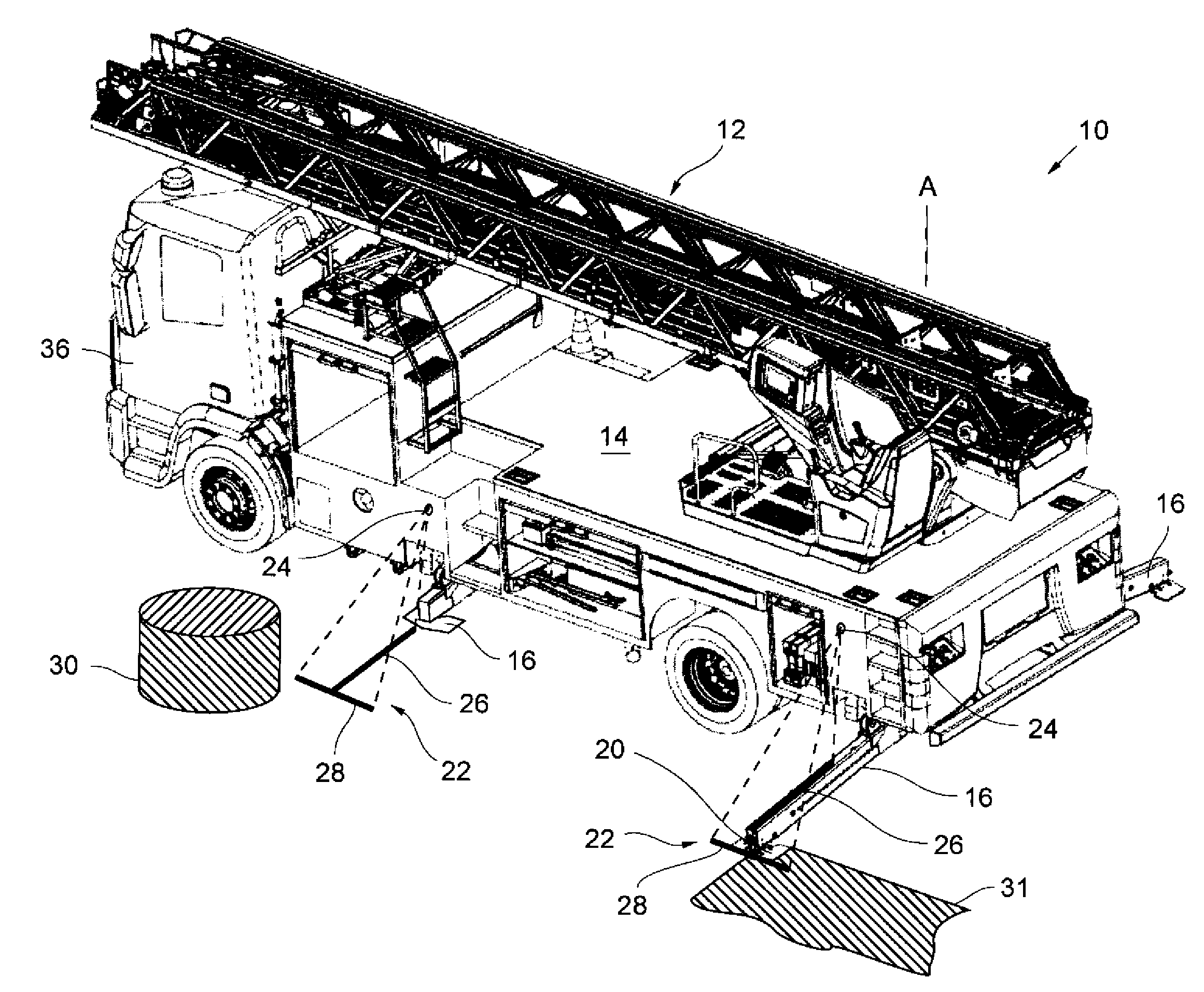 Utility vehicle with assistance system for positioning lateral ground supports