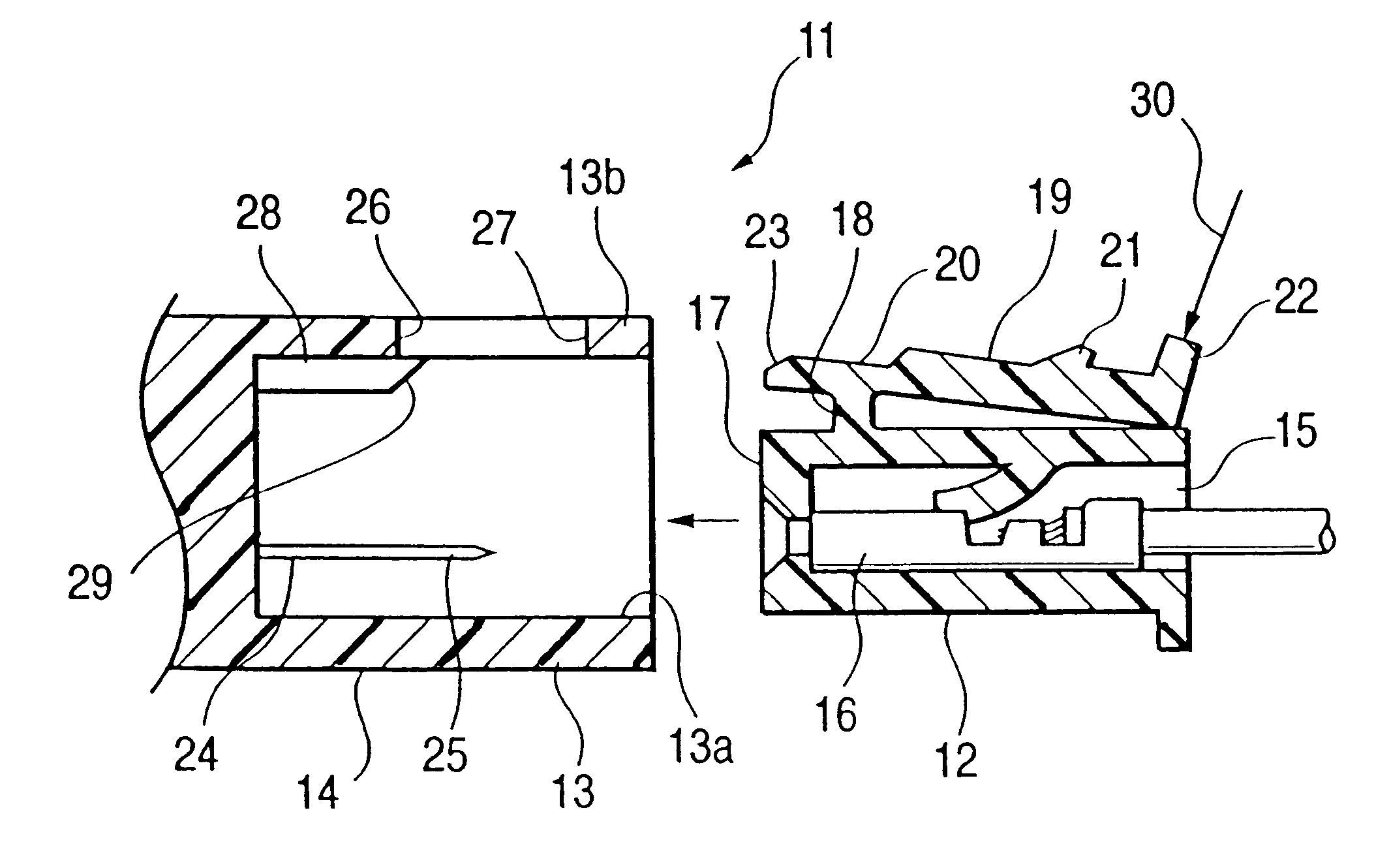 Lock structure for locking male and female connector housings together