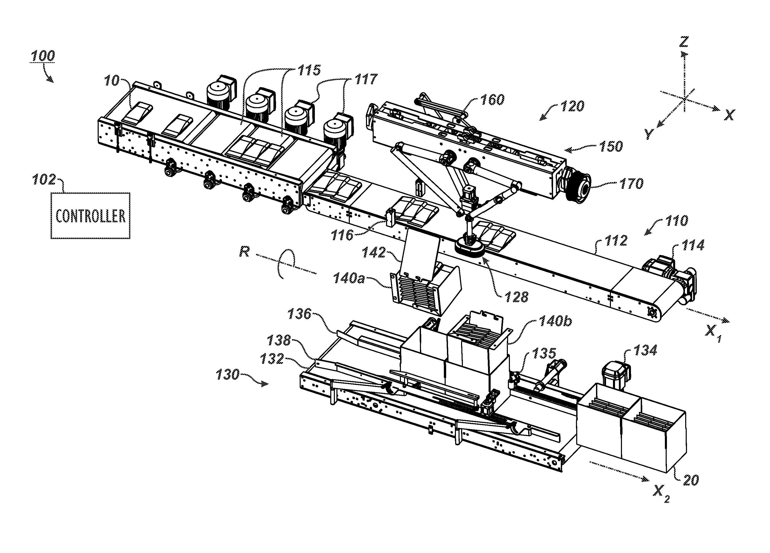 Case packing system having robotic pick and place mechanism and dual dump bins