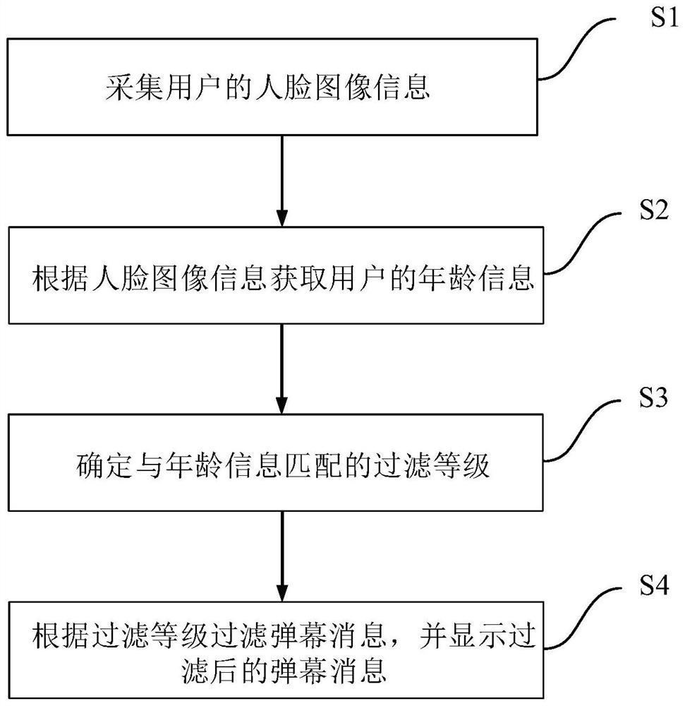 Bullet screen message display method and system based on face recognition, equipment and medium