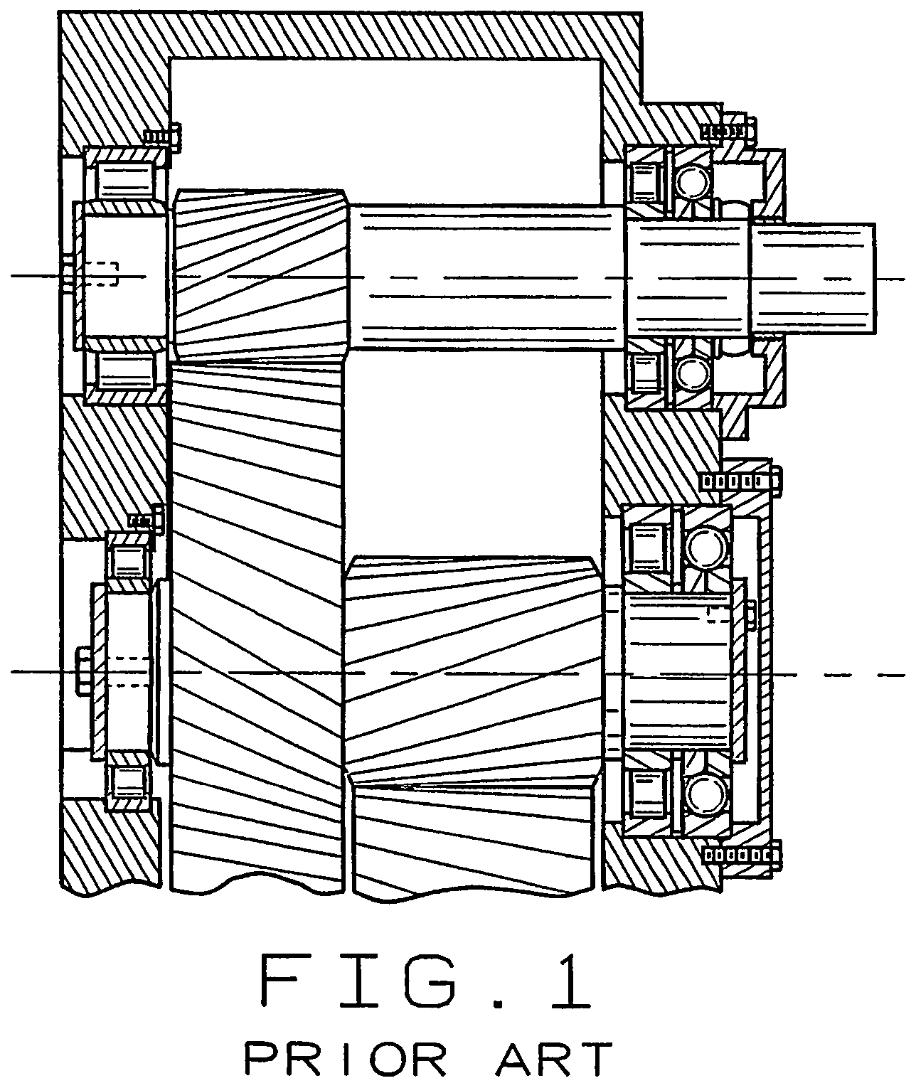 Transmission containing helical gearing and bearing arrangement therefor