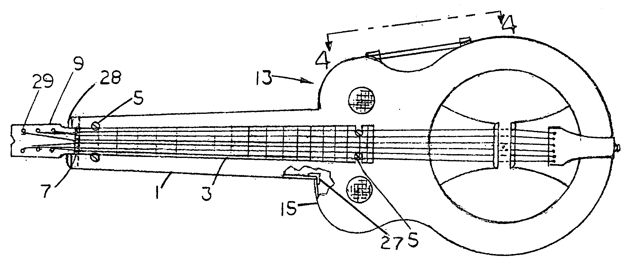 Dobro type guitar with soundbox extension in place of a neck