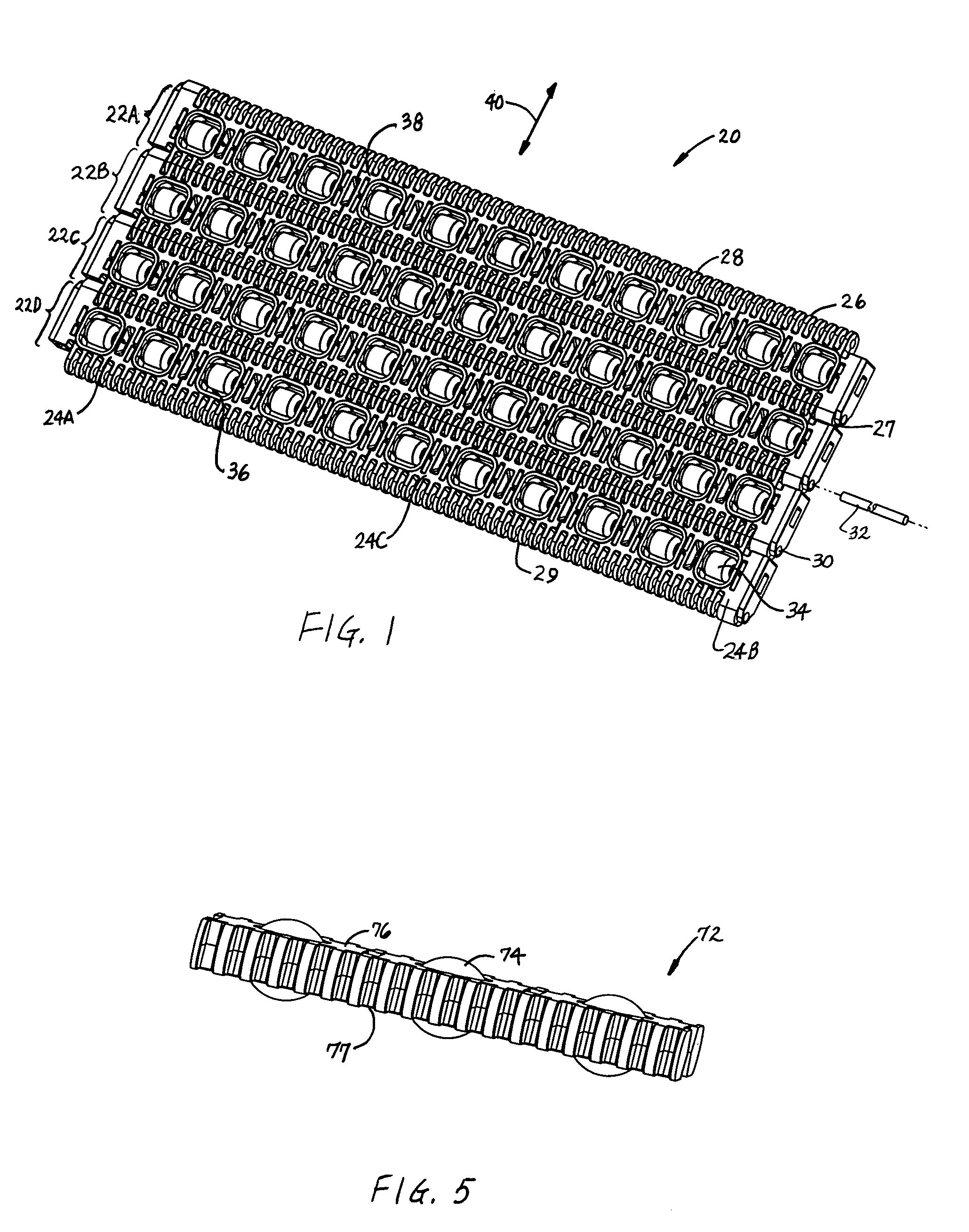 Conveyor belt modules with embedded rollers retained in the modules and associated method