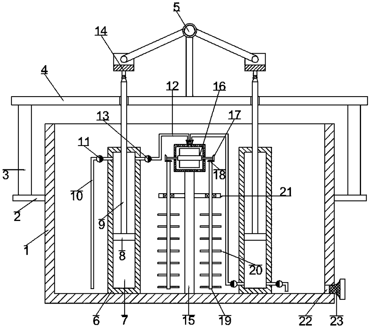 Left-right swinging type based flocculating agent mixing equipment for sewage treatment