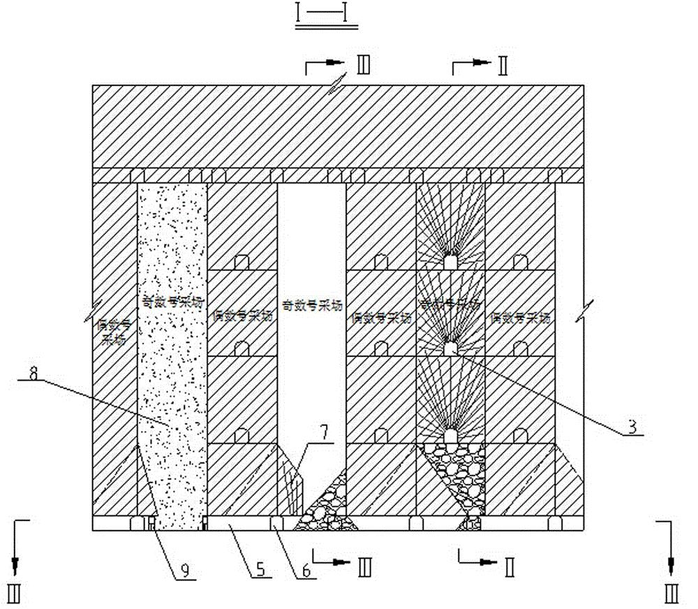 Large-structure sublevel drilling stage ore removal mining method with delayed filling