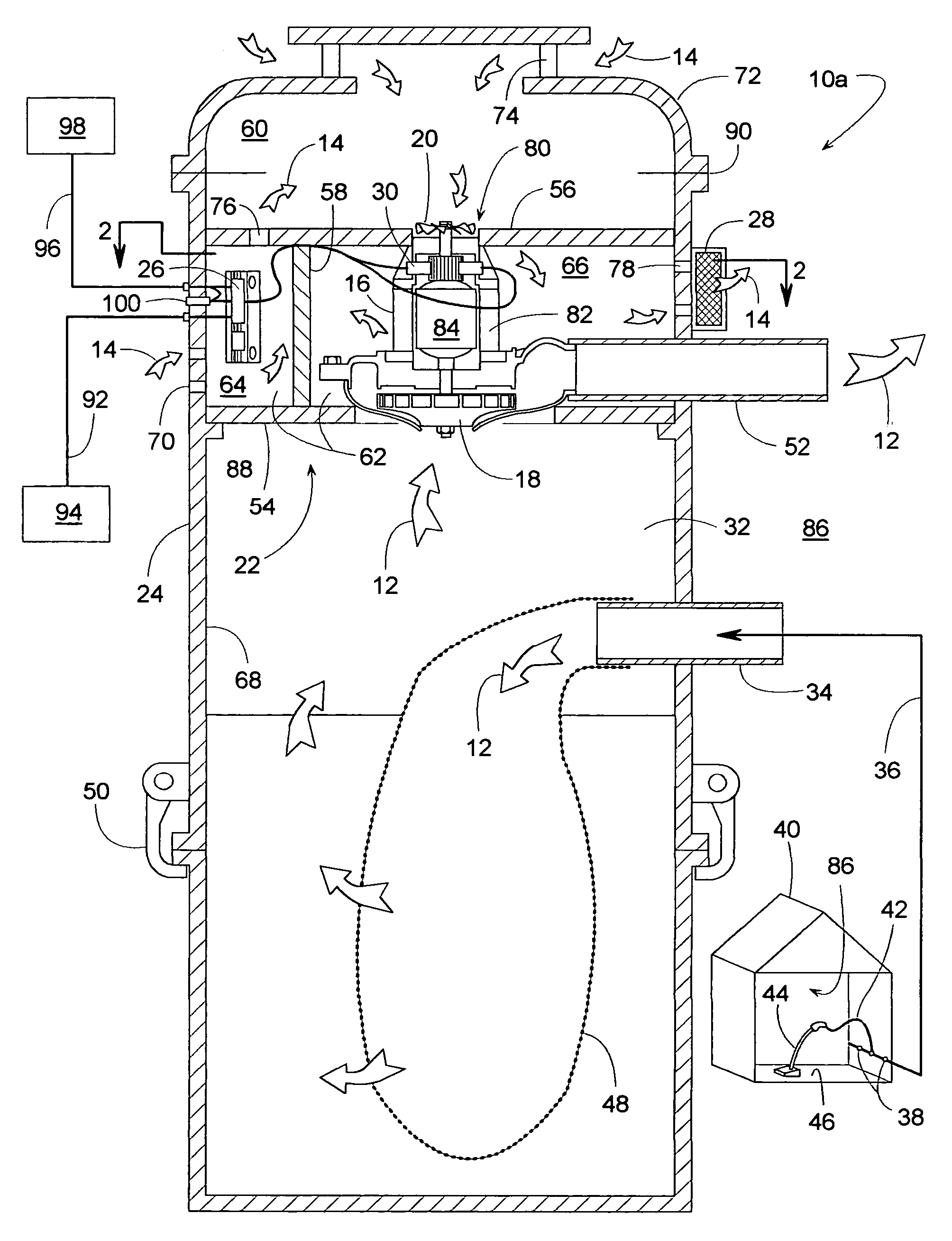 Central vacuum system with secondary airflow path