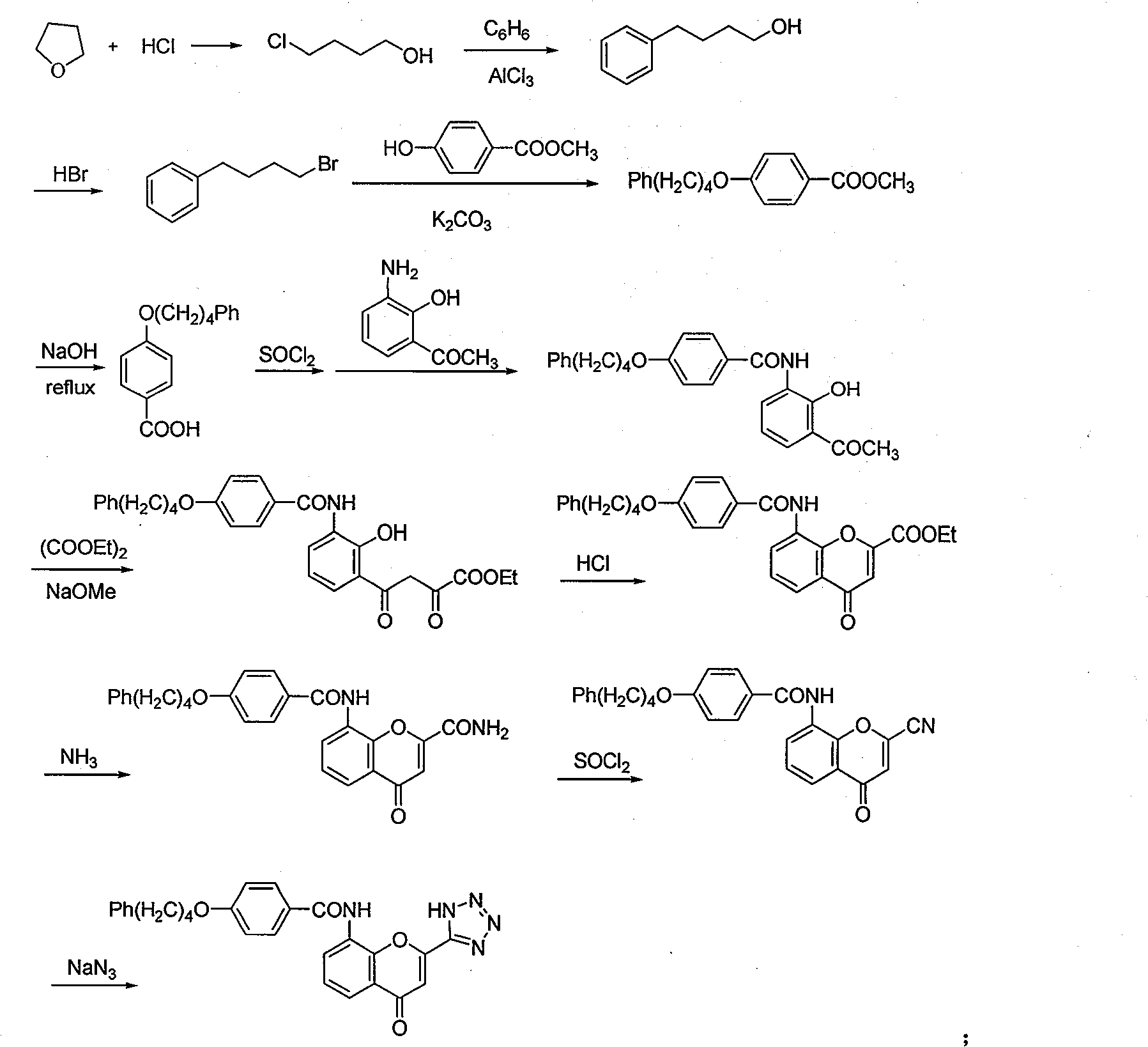 Method for synthesizing drug pranlukast from tetrahydrofuran path