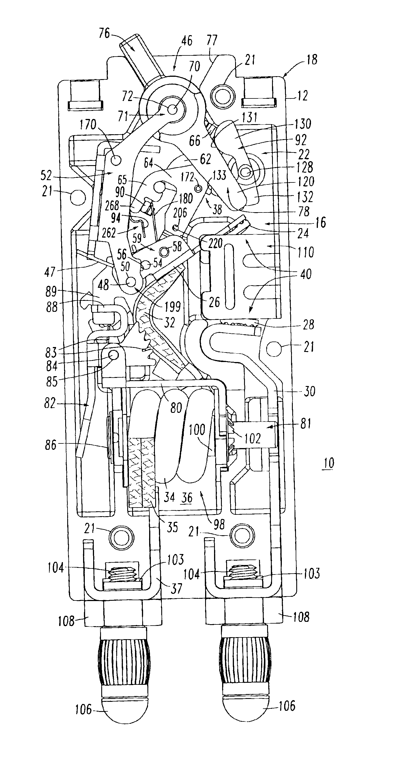 Circuit breaker including operating handle having one or more operating arms and extension springs