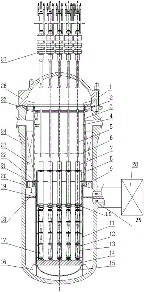 Split type integrated pressurized water reactor hanging under the hanging basket