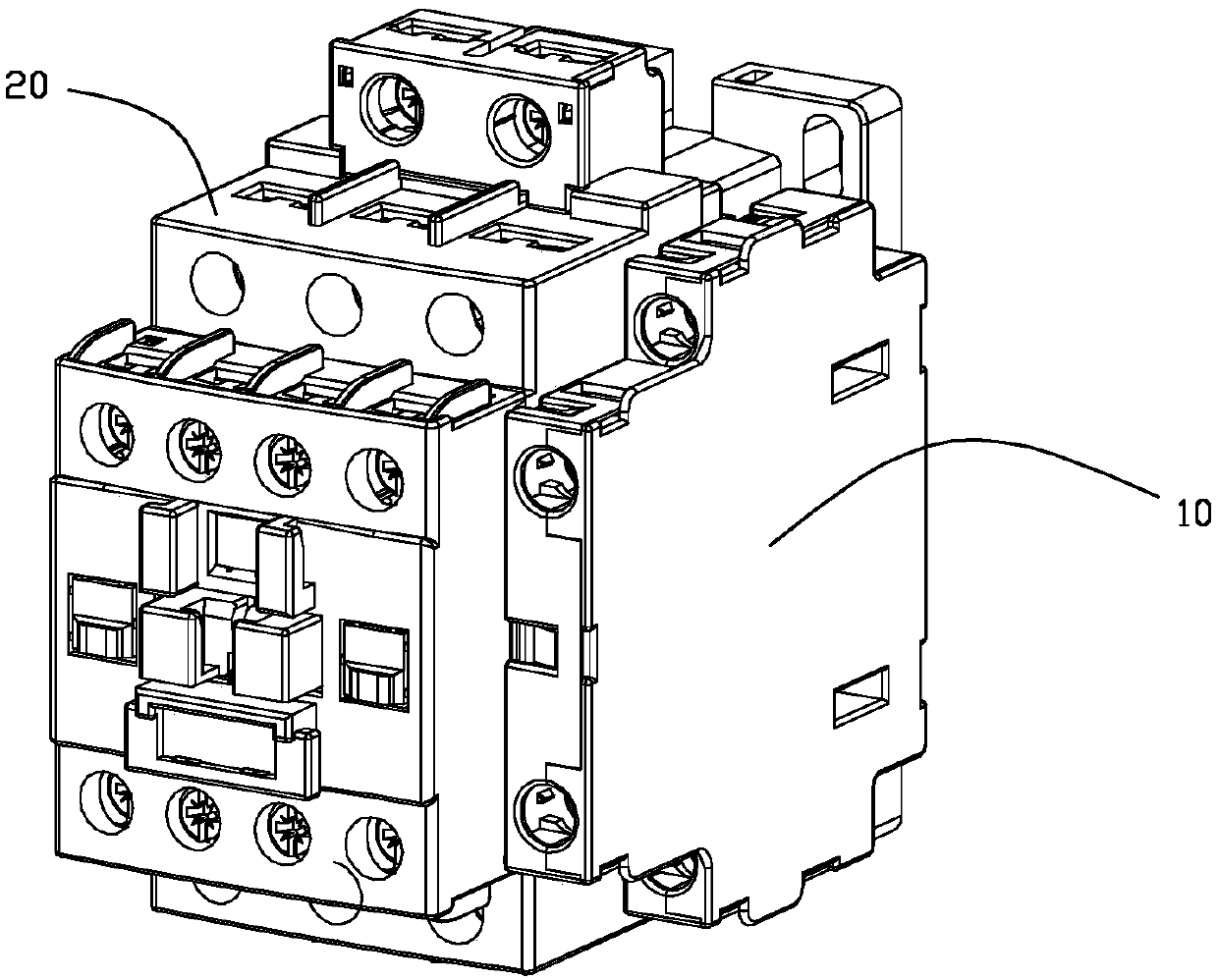 Side-hung auxiliary contact module with contact adhesion self-locking function