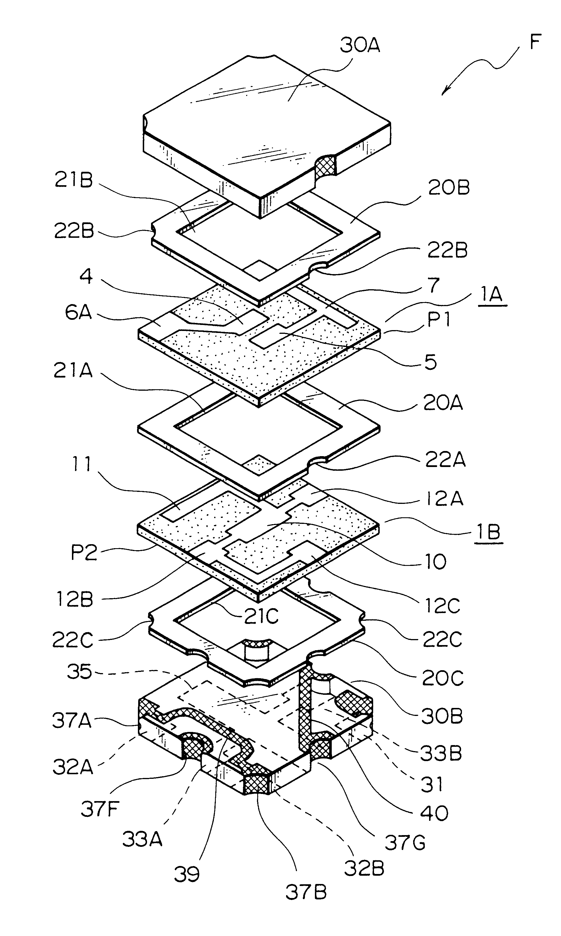 Energy trapping type piezoelectric filter with a shielding conductive member on a bottom insulating base plate upper surface