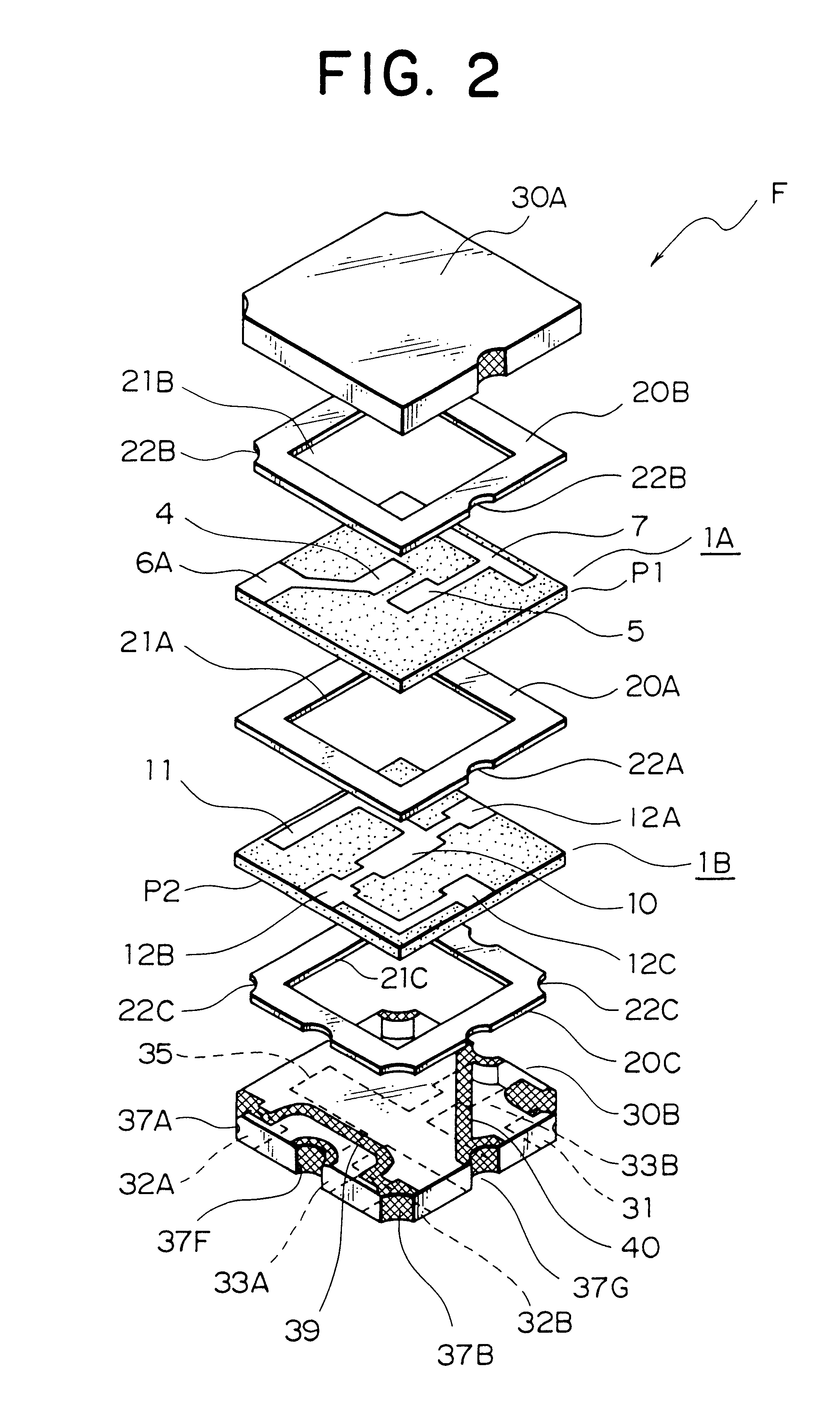 Energy trapping type piezoelectric filter with a shielding conductive member on a bottom insulating base plate upper surface