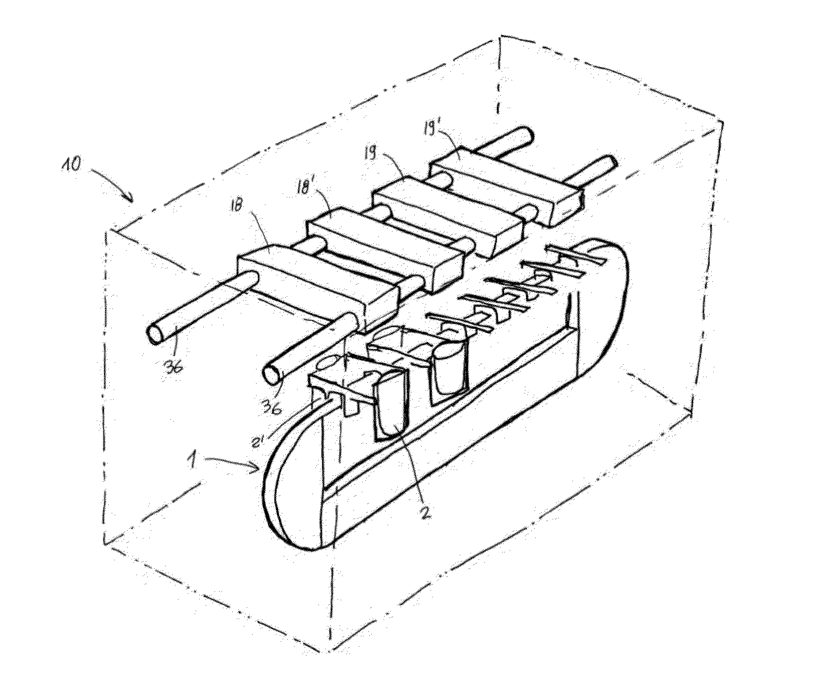 Device for transporting in a packaging line flexible packaging held suspended