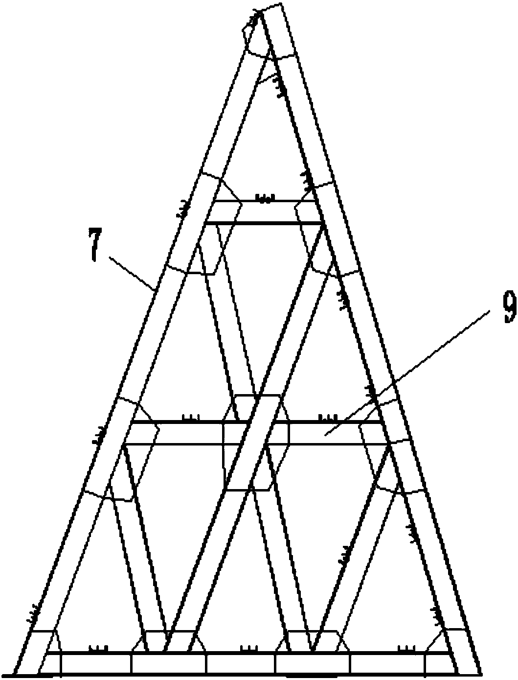 Triangular supporting frame for construction of oblique leg pier