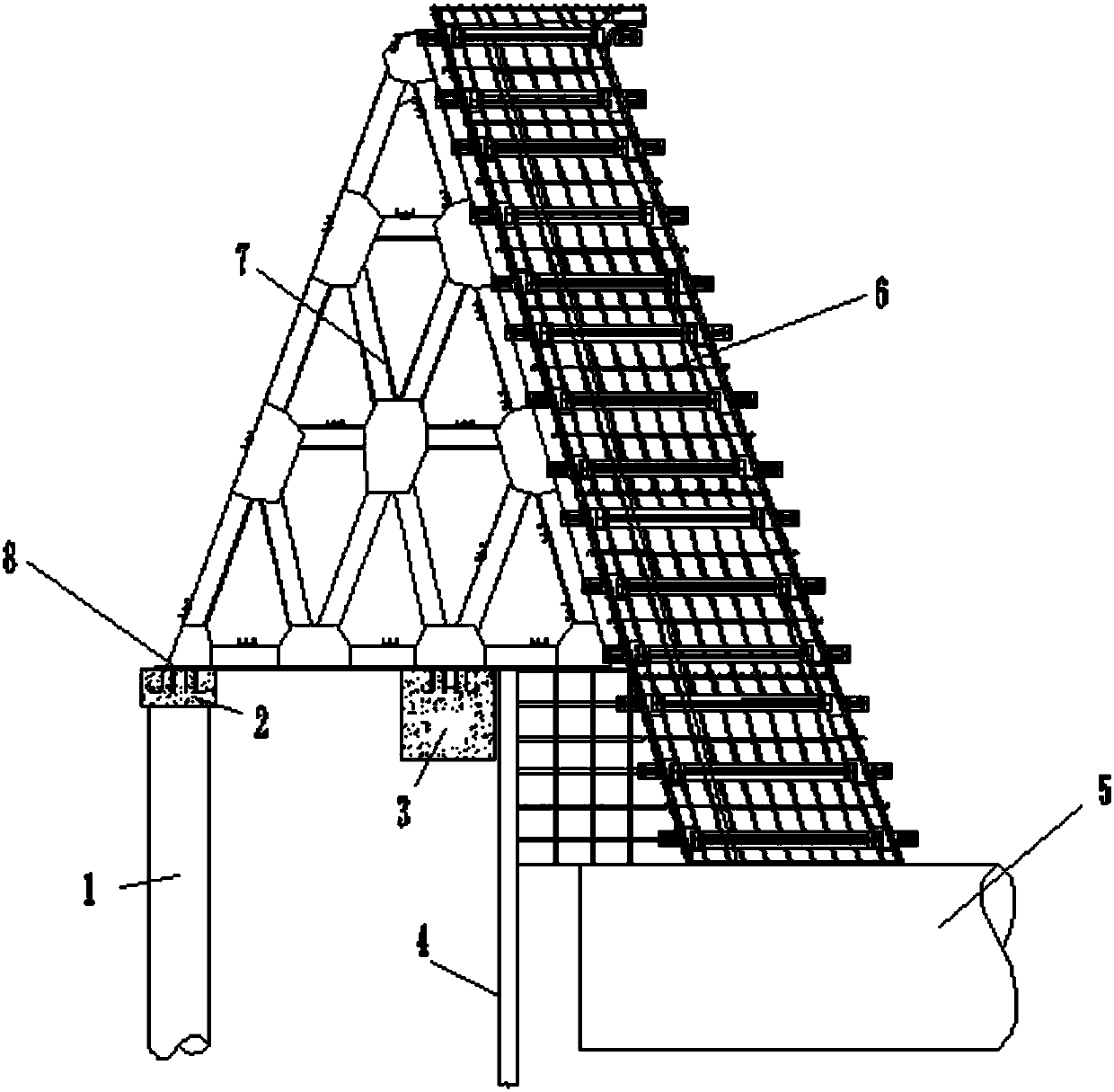 Triangular supporting frame for construction of oblique leg pier