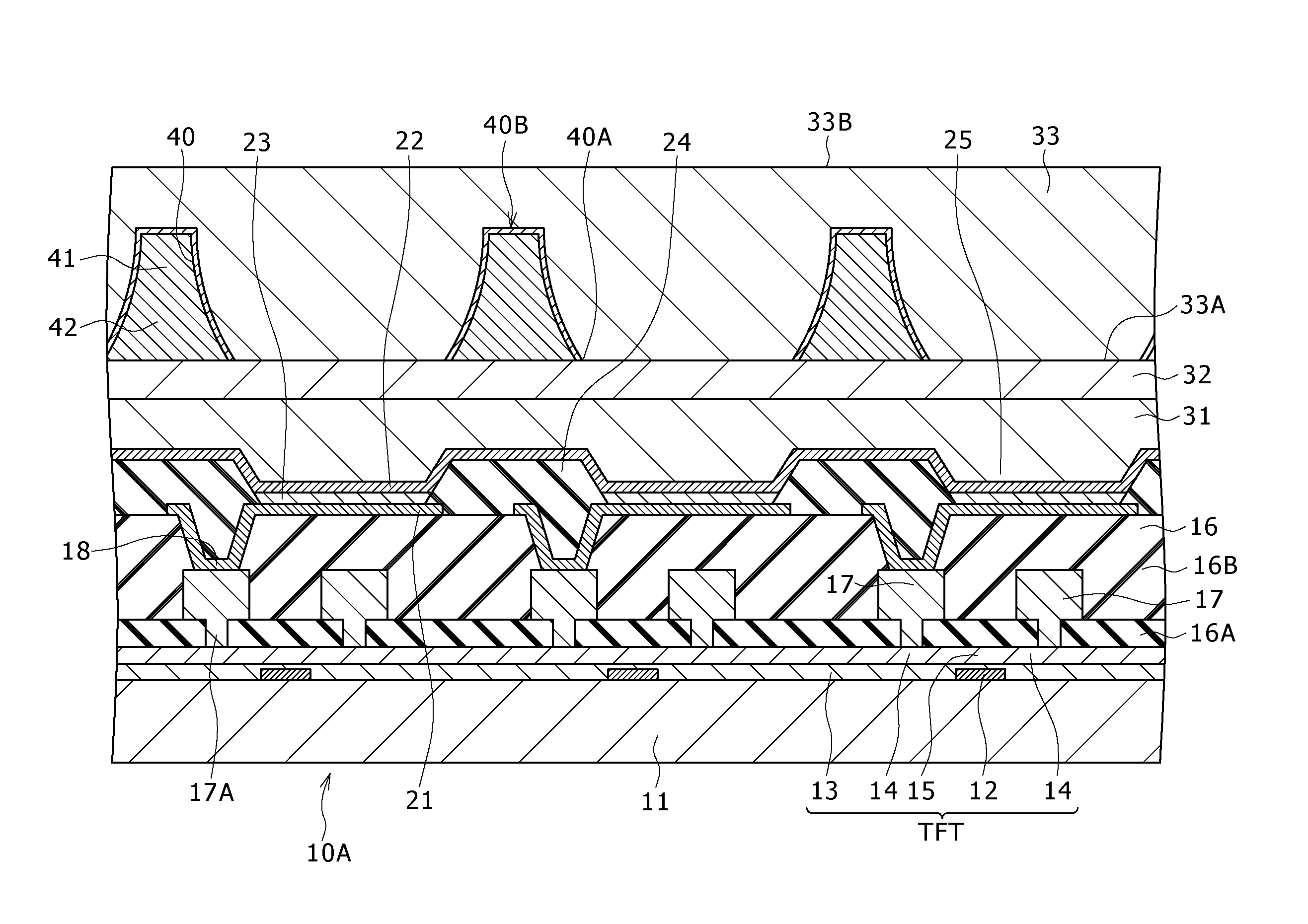 Display device having parabolic light reflecting portions for enhanced extraction of light