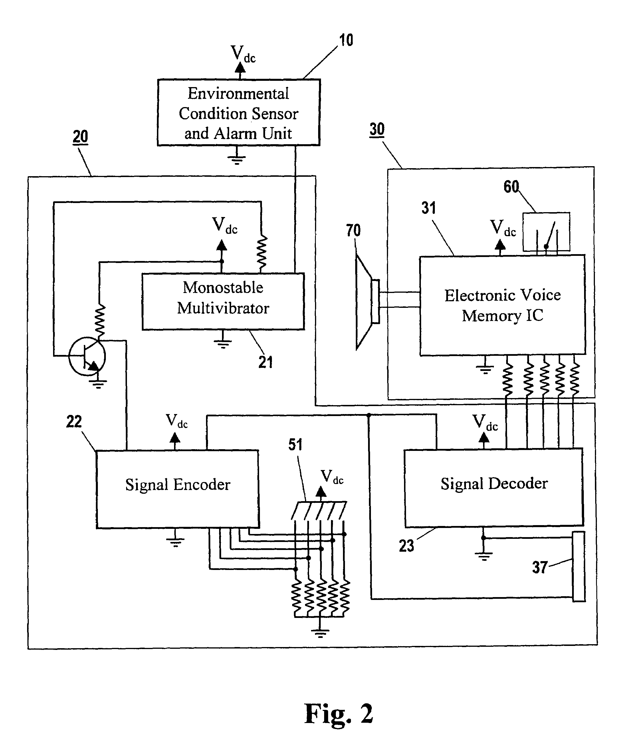Environmental condition detector with audible alarm and voice identifier