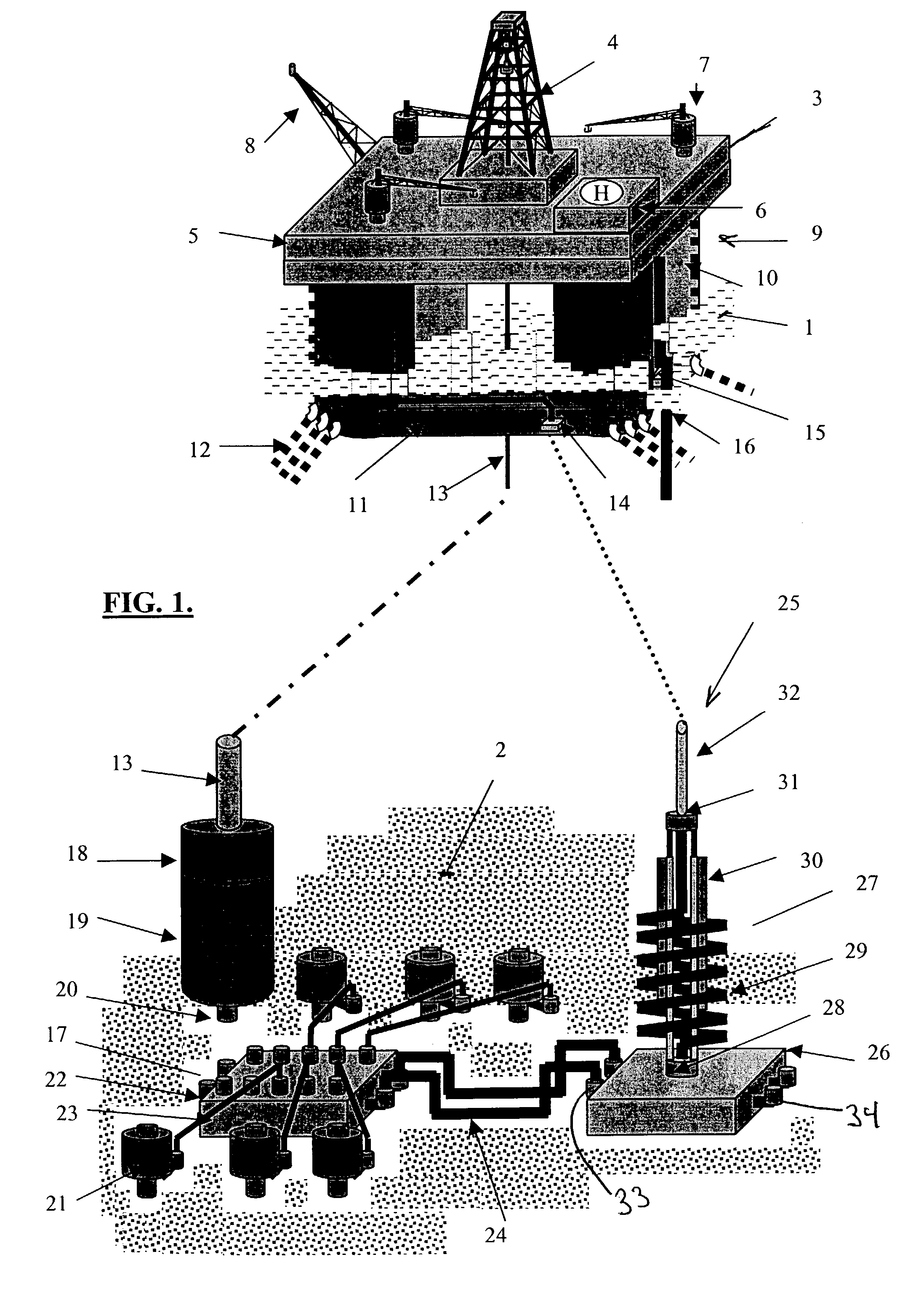 Marine bottomed tensioned riser and method