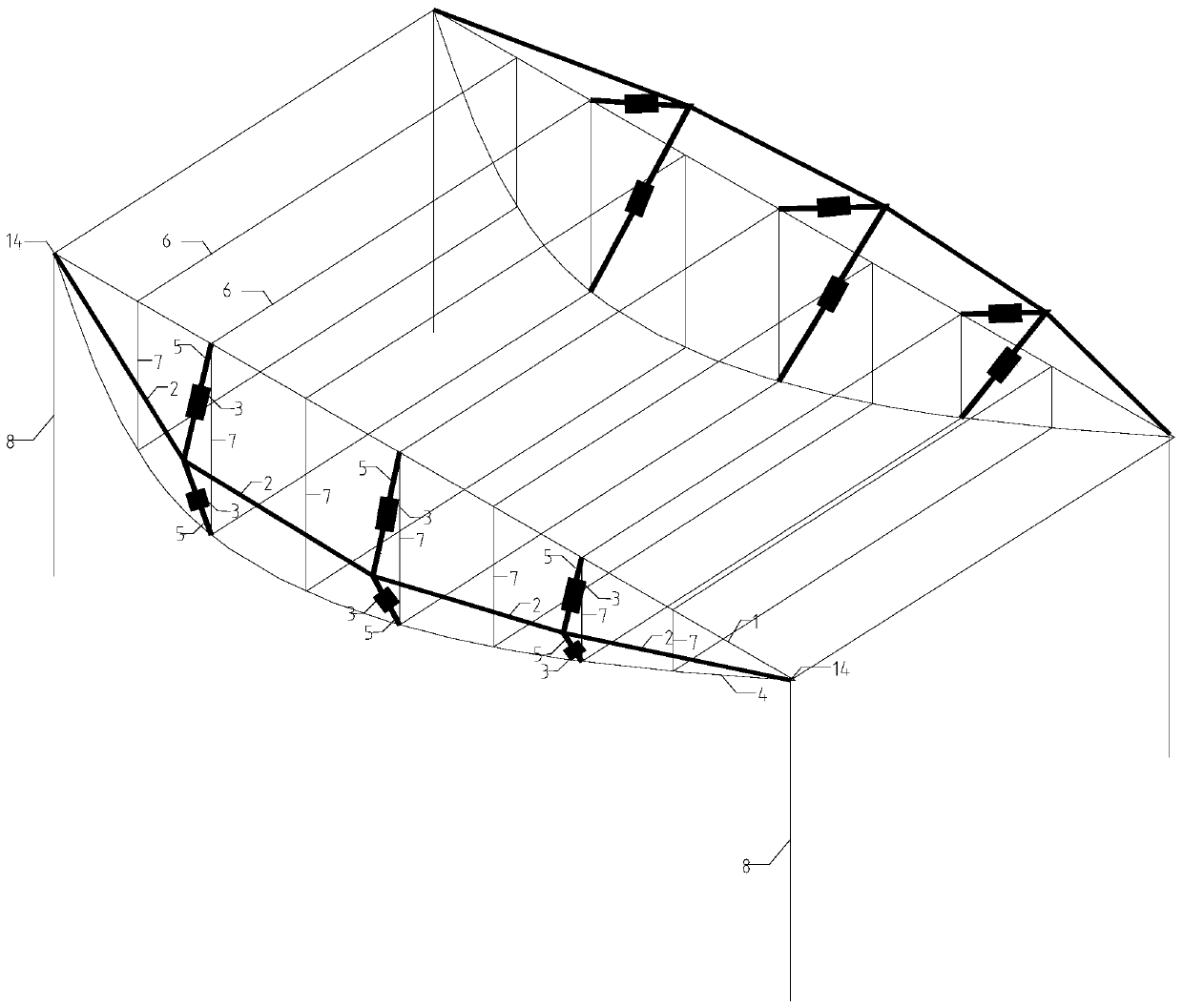 Arrangement method of linear adjustment and vibration reduction structure for cable rail high overhead rail structure