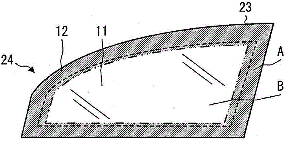 Laminated substrate for windows, framed laminated substrate for windows, vehicle comprising laminated substrate for windows, and intermediate layer structure for laminated substrate for windows