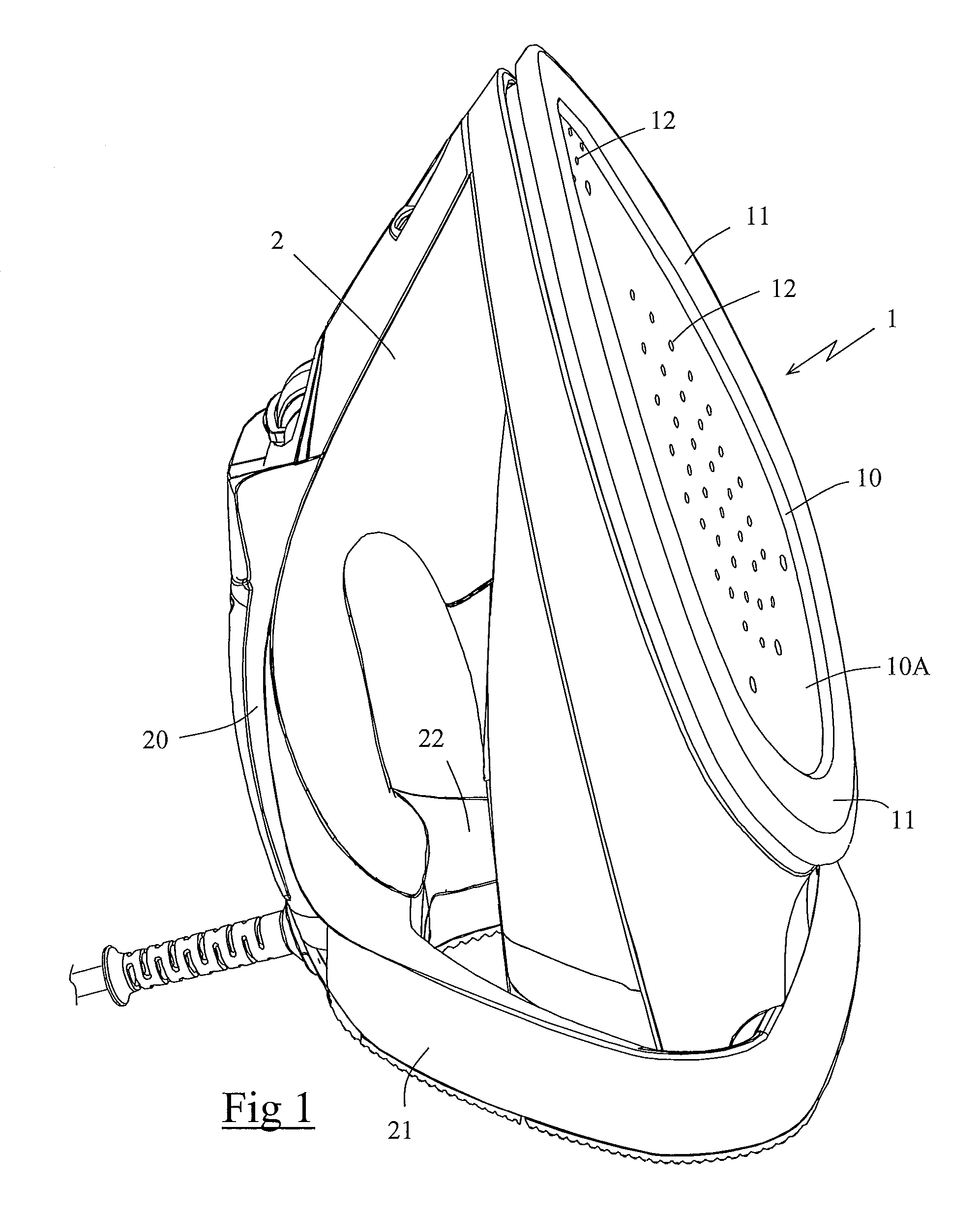 Clothing Iron Comprising a Sole Having a Recess Equipped With Steam Exit Holes