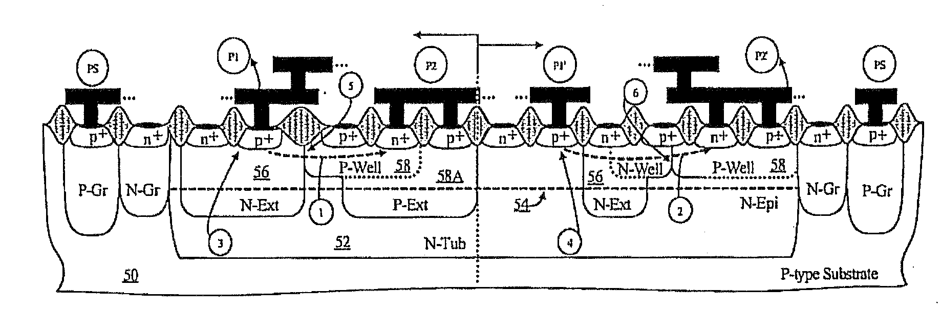 Devices with adjustable dual-polarity trigger - and holding-voltage/current for high level of electrostatic discharge protection in sub-micron mixed signal cmos/bicmos integrated