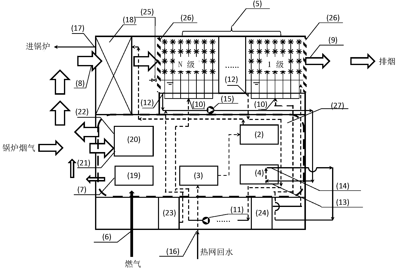 Spraying-absorbing-type method and spraying-absorbing-type device for waste heat recovery of fuel-gas flue gas